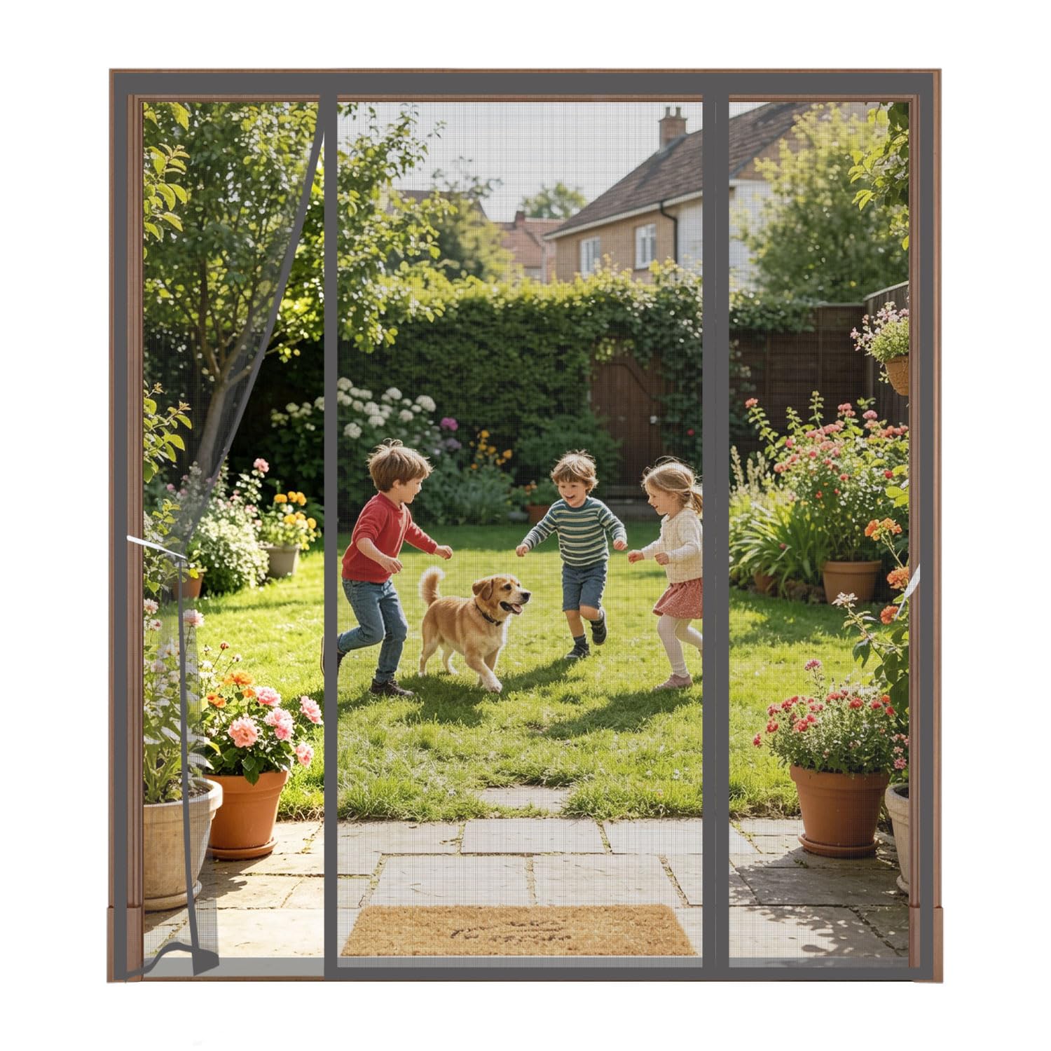 Magnetic Fly Screen for Double Doors, 3-Panel Side-Opening Mosquito Net, 4cm Widened Top Hook & Loop, Heavy Duty Mesh Curtain for French, Patio & Sliding Doors,235x195cm,Grey