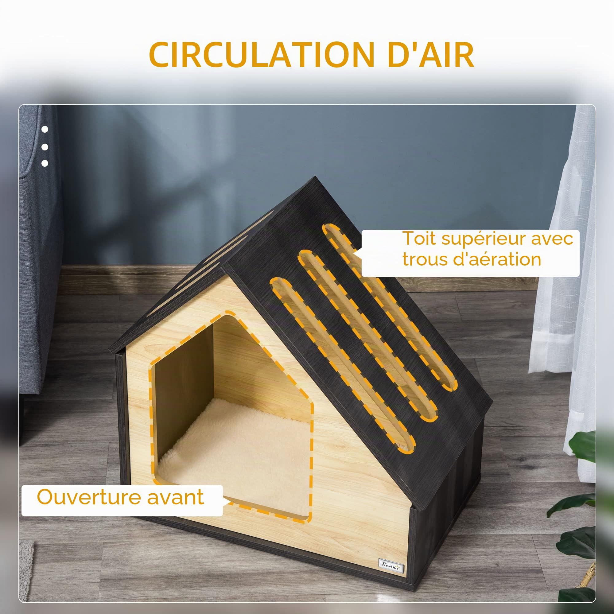 PawHut Niche pour chien en bois d'intérieur Cave à chat Maison pour chat Couchage pour chien avec coussin Maison pour chien Niche pour chien avec toit incliné pour petits chiens jusqu'à 8 kg 60 x 40 x