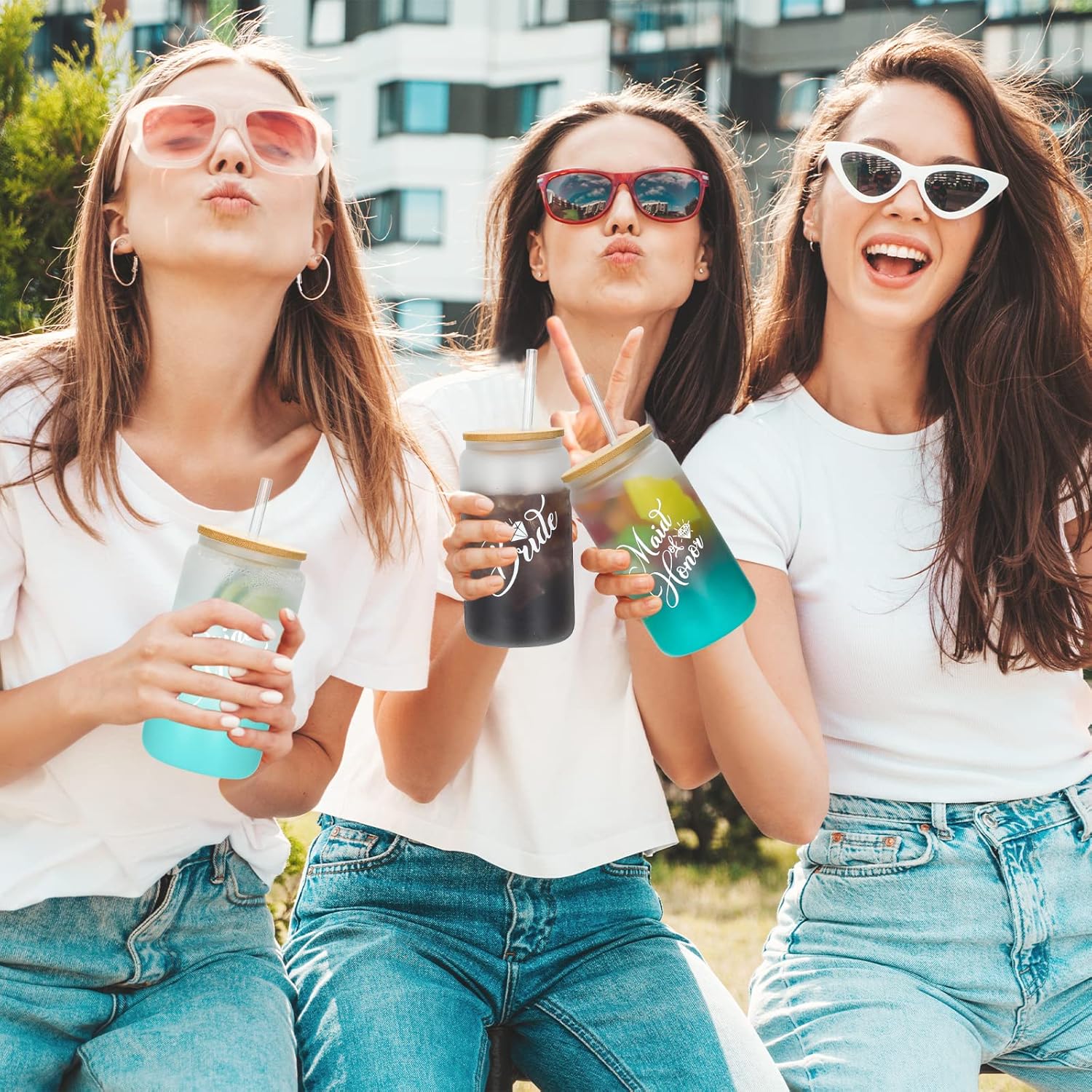 Bridesmaid Glass Tumbler Set of 6 With Straw, 16 oz, Borosilicate Glass, BPA Free, Reusable, Blue & White, Classic Style, Bachelorette Party Favors - Image 4