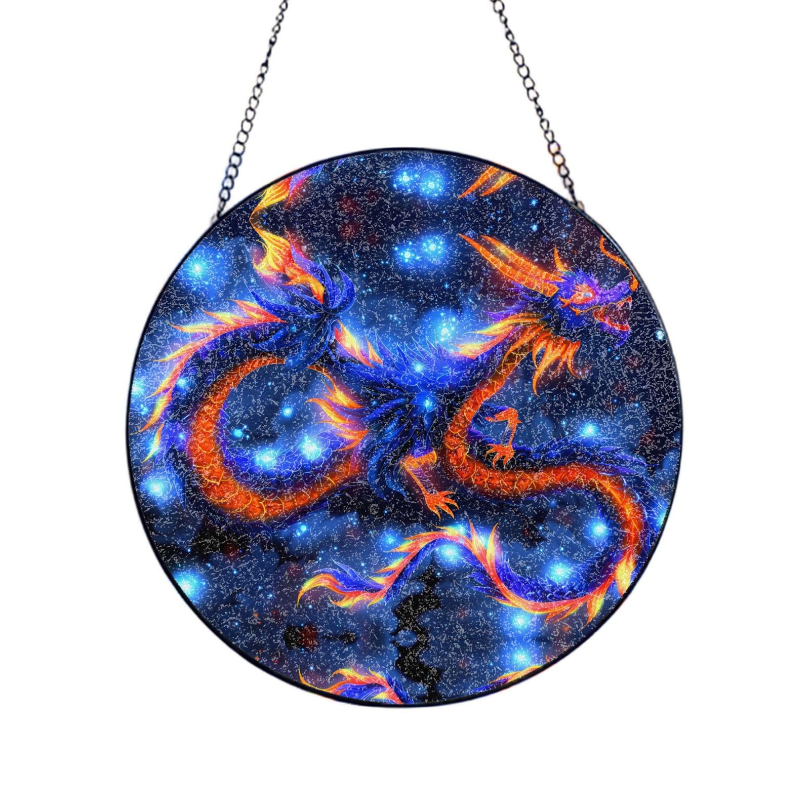 Phayah Shining Dragon Print Glass Window Hanging Round Suncatcher Glass Ornament Garden Wall Fence Decorations Indoor Outdoor 6in（15cm）