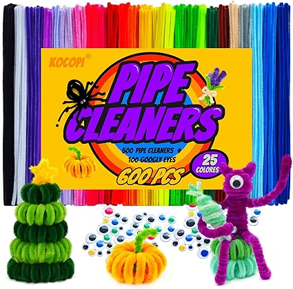 Kocopi 500 pcs Pipe Cleaners & 100 pcs Self-Adhesive Eyes.Thick,Soft,Fluffy Chenille Stems Bulk Set,25 Colors Fuzzy Wire Sticks for Crafts, Kids Gifts/Toys, Art Creative,Room Decor(6mm x 12inch)