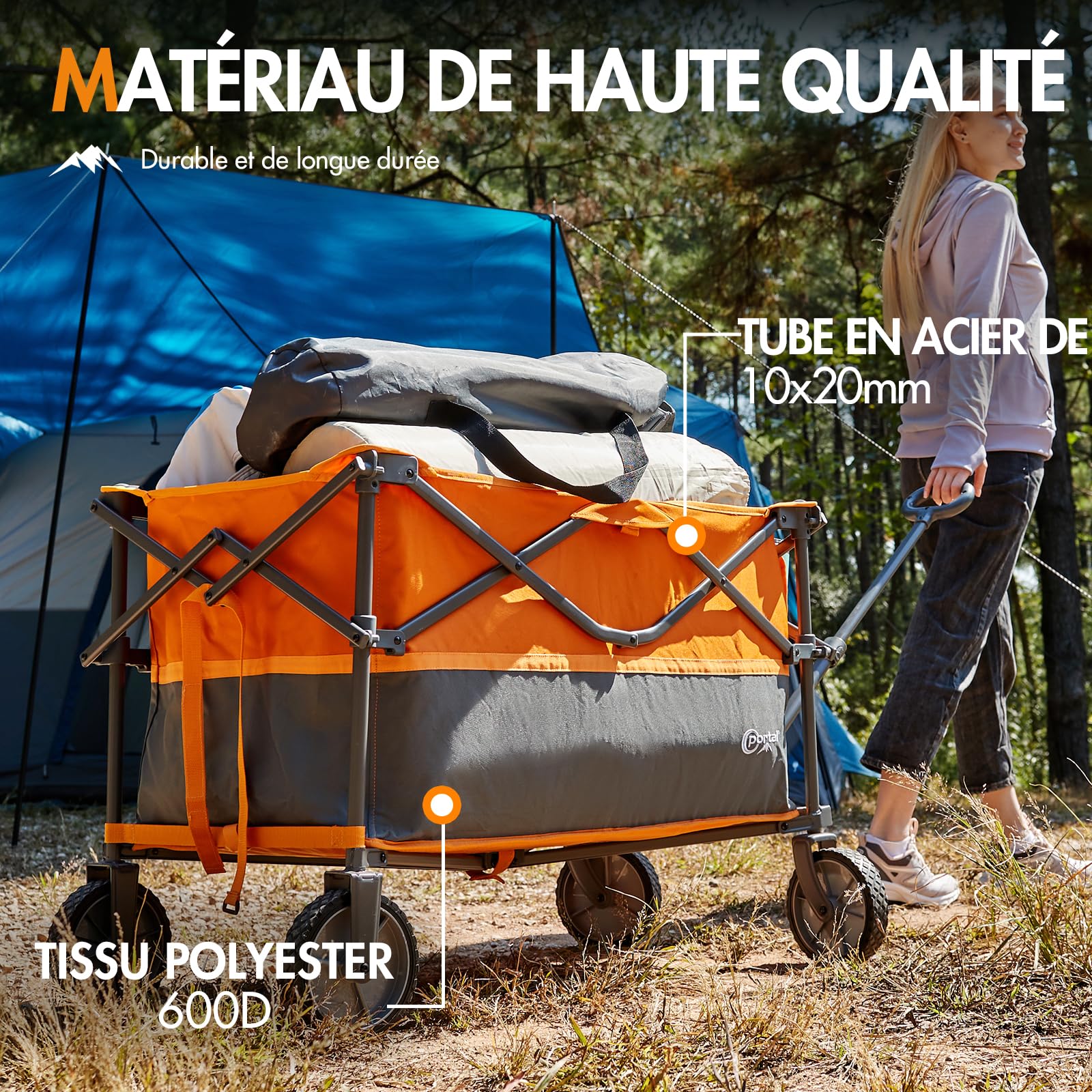 PORTAL Chariot de Jardin Pliable Plus Grande capacité pour Festival, Plage, Camping, Chariot avec roulettes, remorque de Pique-Nique Robuste Orange