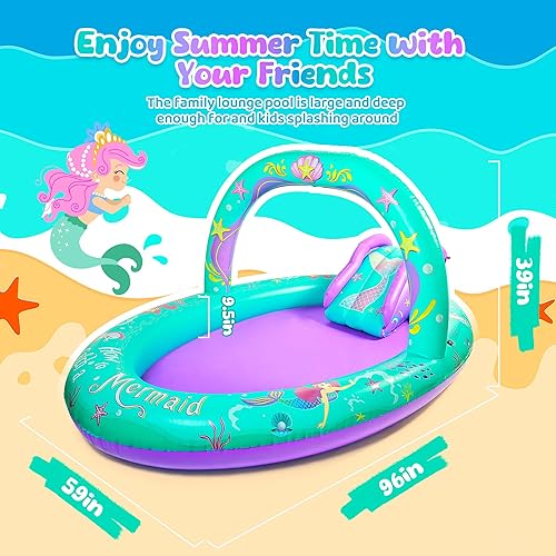 Miniatura 4 de SULIFEEL Centro de juego inflable de sirena para niños con tobogán y aspersor para niños, piscina de bebé de 96 x 59 x 39 pulgadas para patio