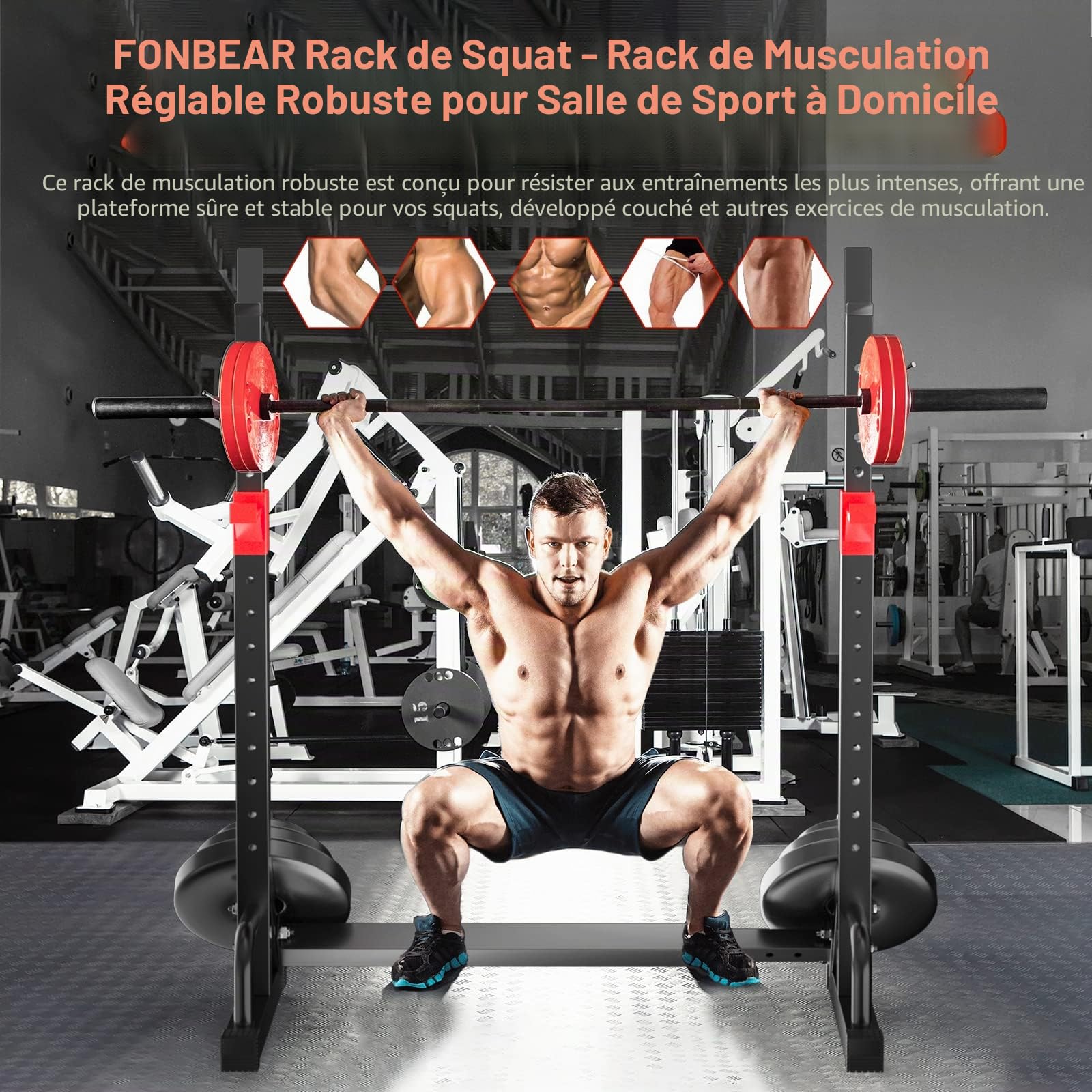 FONBEAR Support réglable pour Squat, Barre d'haltères, Station de Musculation réglable, Banc de Presse réglable, Charge maximale de 300 kg, Multifonction pour haltérophilie à la Maison