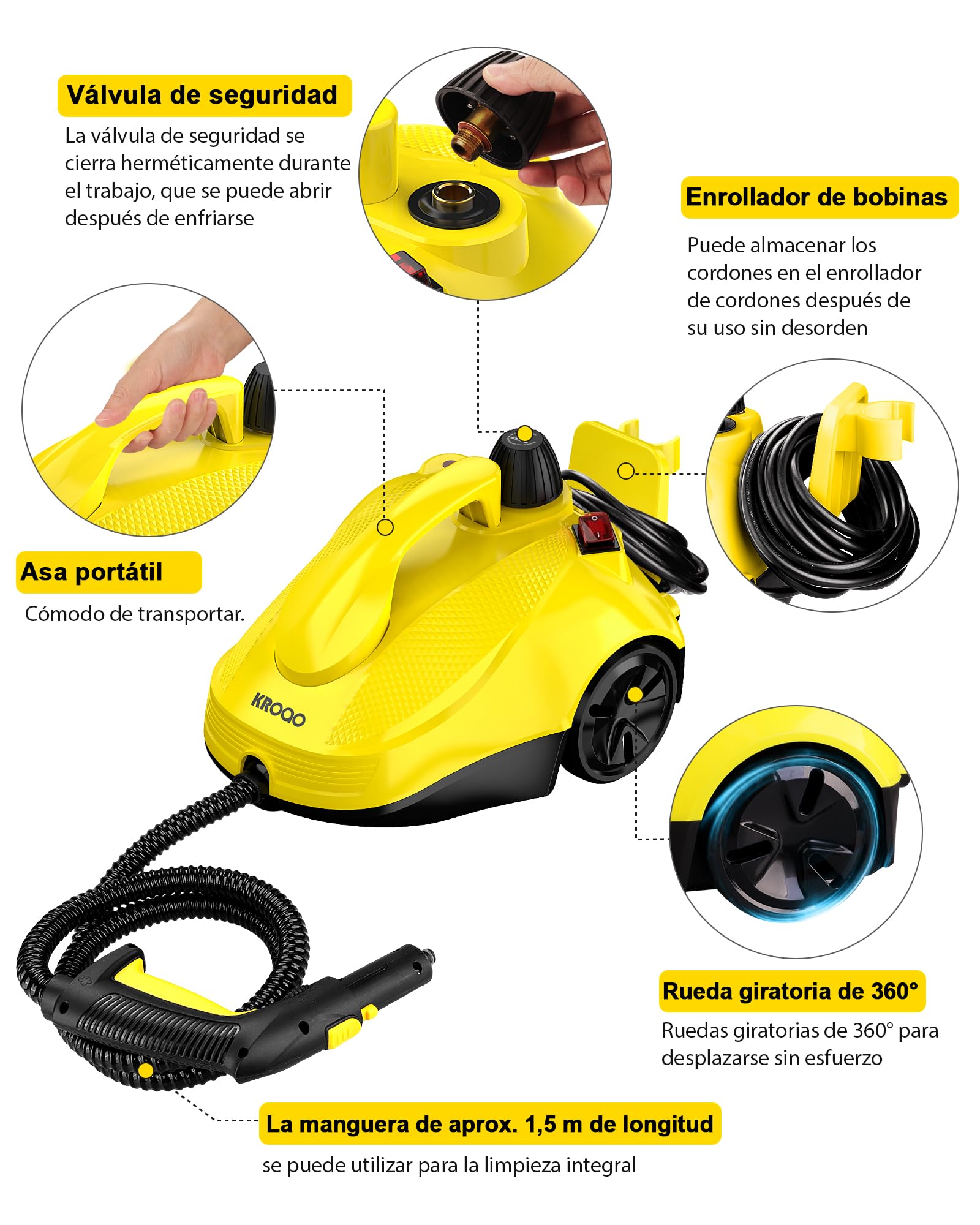 Limpiador a vapor multifuncional KROQO Limpiador a vapor portátil y multifuncional con 23 accesorios. Adecuado para limpiar papel tapiz, pisos, sofás, asientos y baños. Capacidad de 1.5 litros.