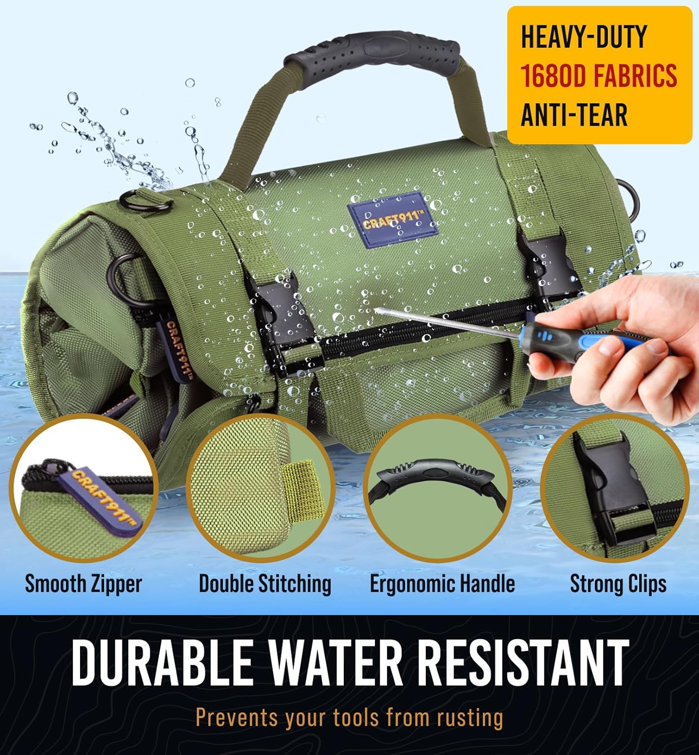 Durable Tool Bag Organizers w/Detachable 6 Tool Pouches – Small Roll Up Bag | Compact & Lightweight Roll Up Tool Bag Organizer for Electrician, Mechanic, Hobbyist – Gifts for Dad – Green