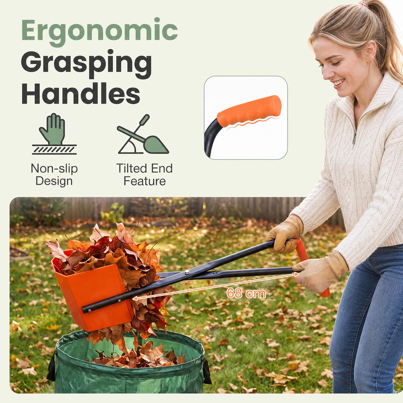 HOMASIS Pinza Raccogli Fogli, Rastrello Pinza per Foglie con Ampie Ganasce in Plastica, Manico Antiscivolo e Strutture in Metallo per Prato, Giardino e Cortile, 30 x 15 x 92 cm