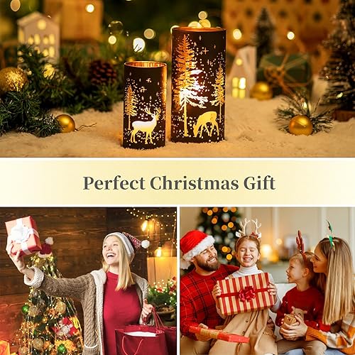 Miniatura 5 de Hewory Portavelas de huracán de Navidad juego de 2 decoración navideña de reno negro, portavelas de vidrio para centro de mesa, mantel de ventana,