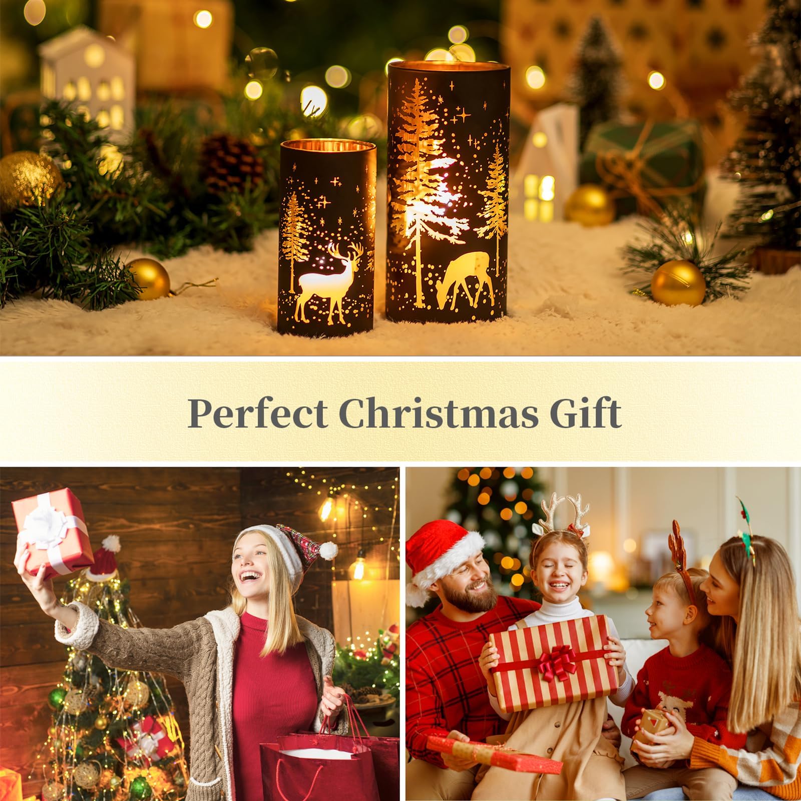 Hewory Juego de 2 portavelas de Navidad con diseño de reno negro, decoración de Navidad, decoración de interiores del hogar, portavelas de cristal para mesa, centro de mesa, mantel, ventana, cocina,