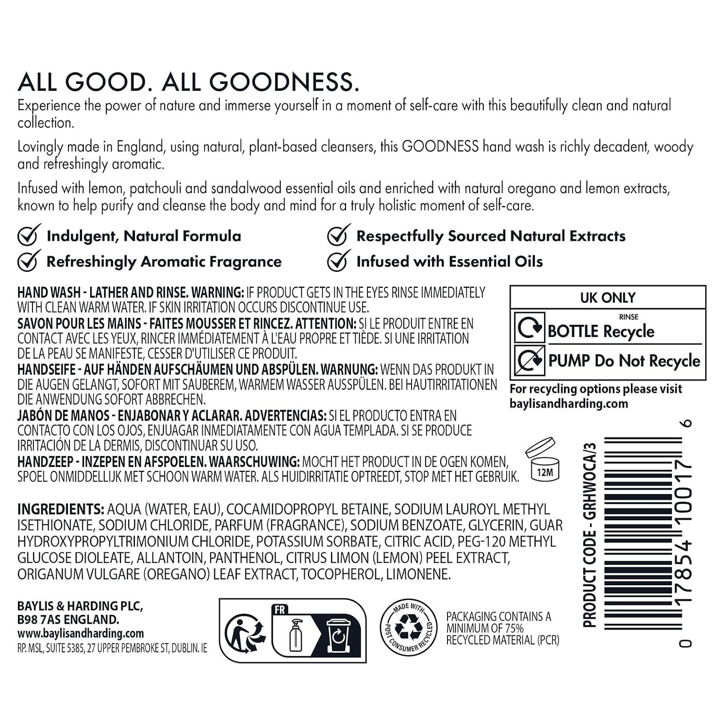 Baylis & Harding Liquid Hand Soap Wash with Dispenser, Goodness, Oud Cedar & Amber, 16.9oz/500ml (3-Pack)