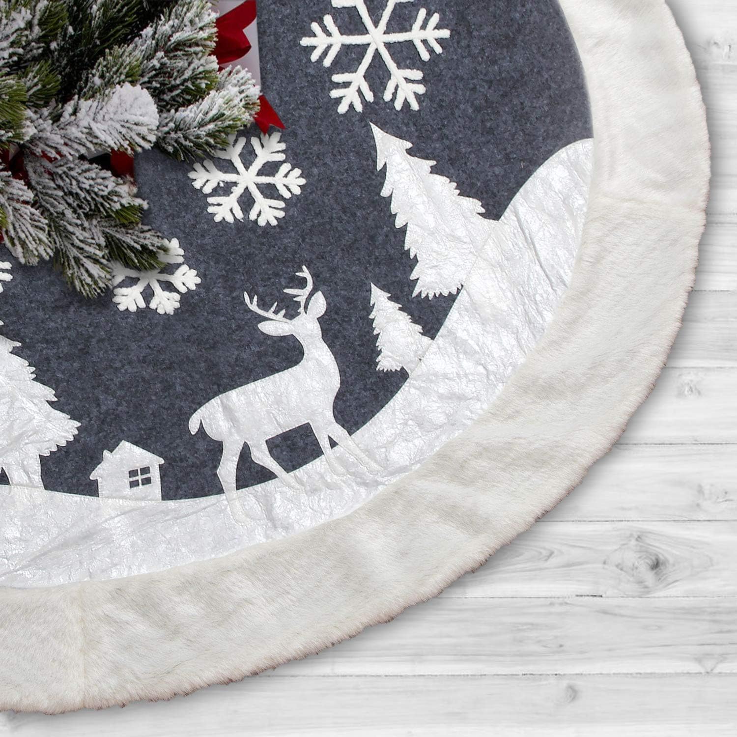 Christmas Tree Skirt, Fur Rustic White Xmas Tree Skirt,Snowy Christmas Trees Mat Decorations Indoors,Deer and Snowflake Pattern (48 inches, White Deer)