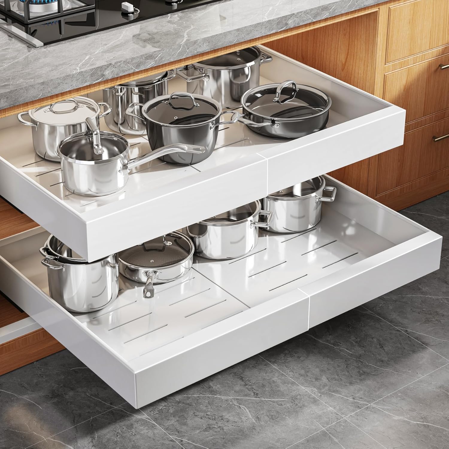 2 Pack Expandable (15.1"-26.3") Pull Out Cabinet Organizer 21" Deep With Raising Pad for Framed Cabinets,Upgrade 3 Slide Rails Slide Out Drawers,No Drill Roll Out Shelves Adhesive,White White 21"D x 15.1"-26.3"W(2Pack)