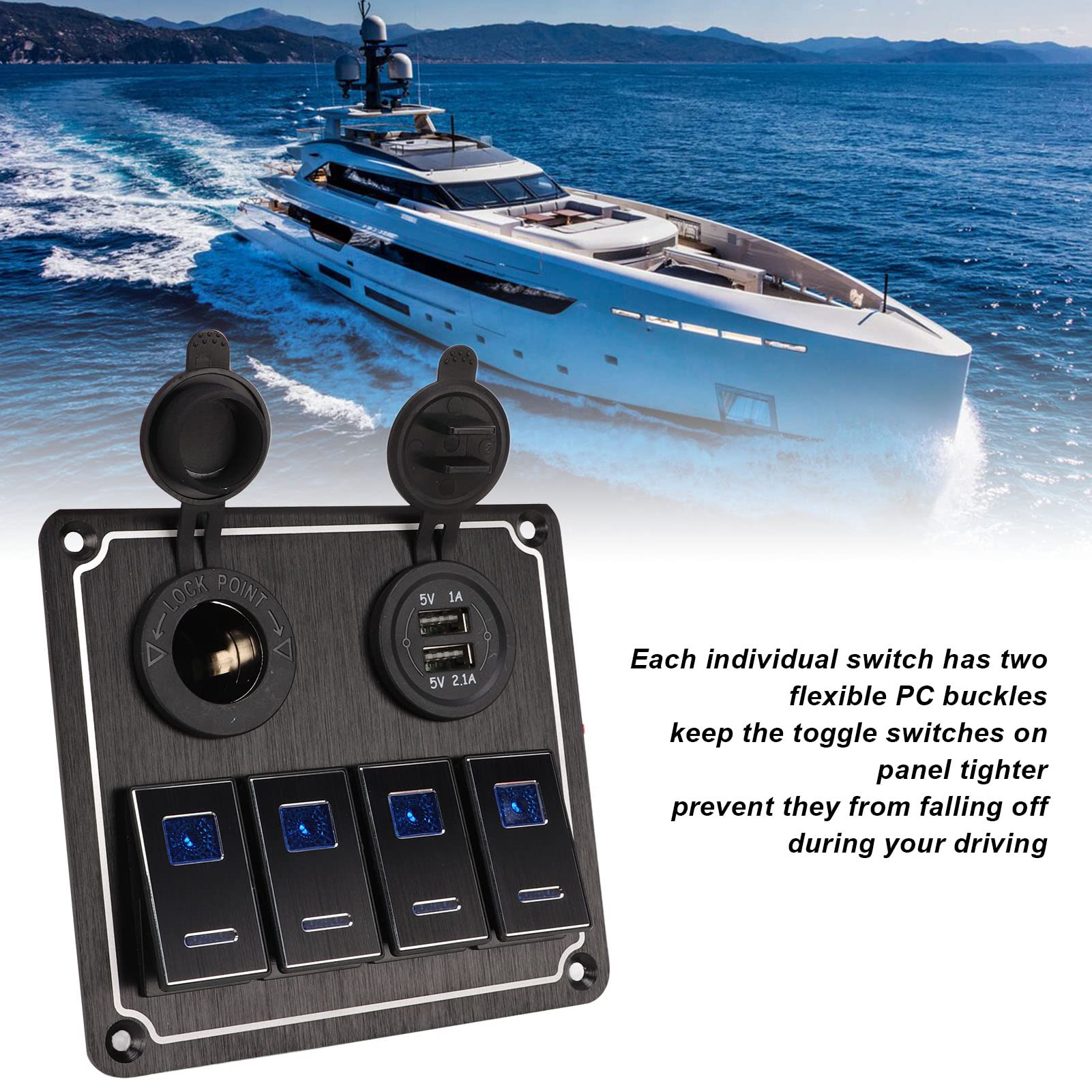 Rocker Switch Panel 4 Gang 12V/24V con Doble USB, Sobrecarga y Luz de Fondo Azul para Automóviles, Vehículos Recreativos, Remolques, UTVS