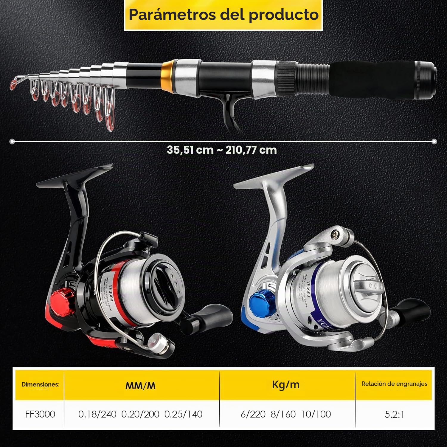 Combo de carrete telescópico para caña de pescar, 2 unidades, 6.89 pies, plegable, carrete giratorio, accesorios con bolsa de pesca, kit de caña de pescar portátil para agua salada, agua dulce, viajes