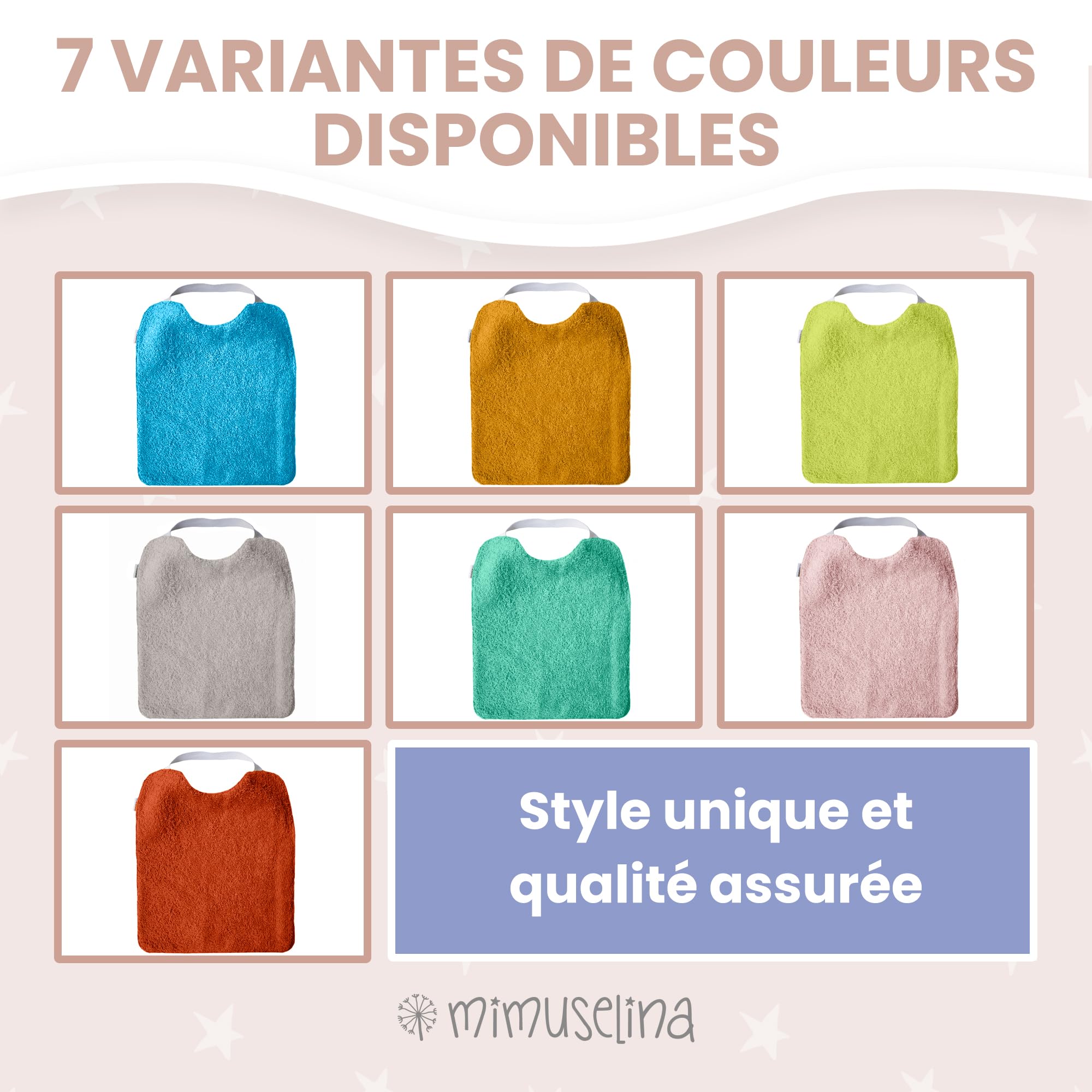 MIMUSELINA Lot de 5 Bavoirs Bebe Imperméables Réutilisables en Coton Premium avec Élastique au Cou | grand Bavoir Enfant BLW en Éponge Imperméable | Puericulture Bébé | Fabriqué à la Main en Espagne