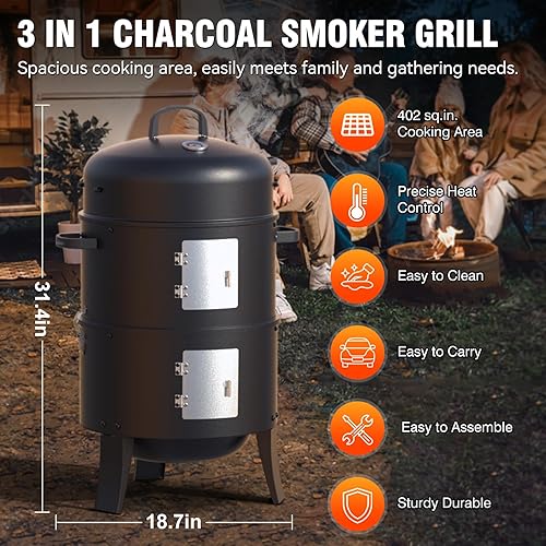 Miniatura 2 de Ahumador de carbón de 16 pulgadas, parrilla vertical 3 en 1 resistente, hoguera al aire libre de 402 pulgadas cuadradas, parrilla versátil para
