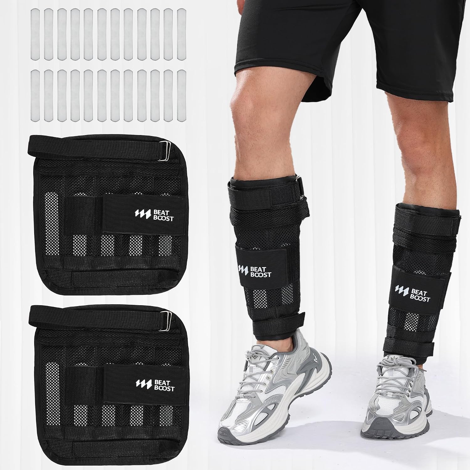 BeatBoost 5lb/10lb/15lb/20lb/25lb/30lb Adjustable Ankle Wrist Weights for Men (Steel Plates Each 0.625 lb)