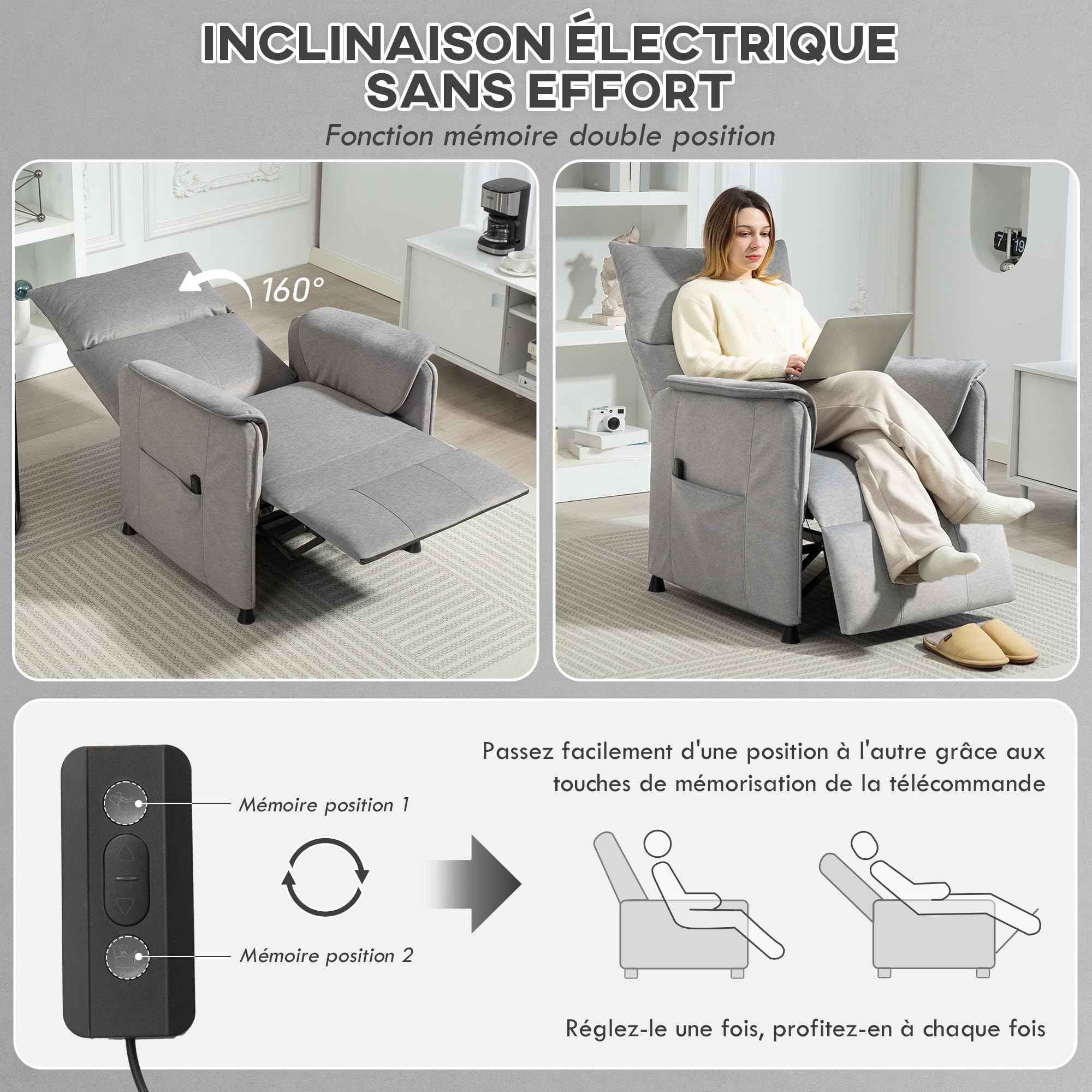 HOMCOM Fauteuil Relax électrique Fauteuil de Relaxation inclinable Ultra Silencieux avec Fonction mémoire, Repose-Pieds rétractable, télécommande, Chaise TV pour Chambre Bureau Home cinéma, Gris