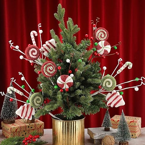 Miniatura 4 de Jutom 12 piezas de palillos para árbol de Navidad, decoración de bastones de caramelo y paletas, decoración de árbol de Navidad, rayas rojas, verdes