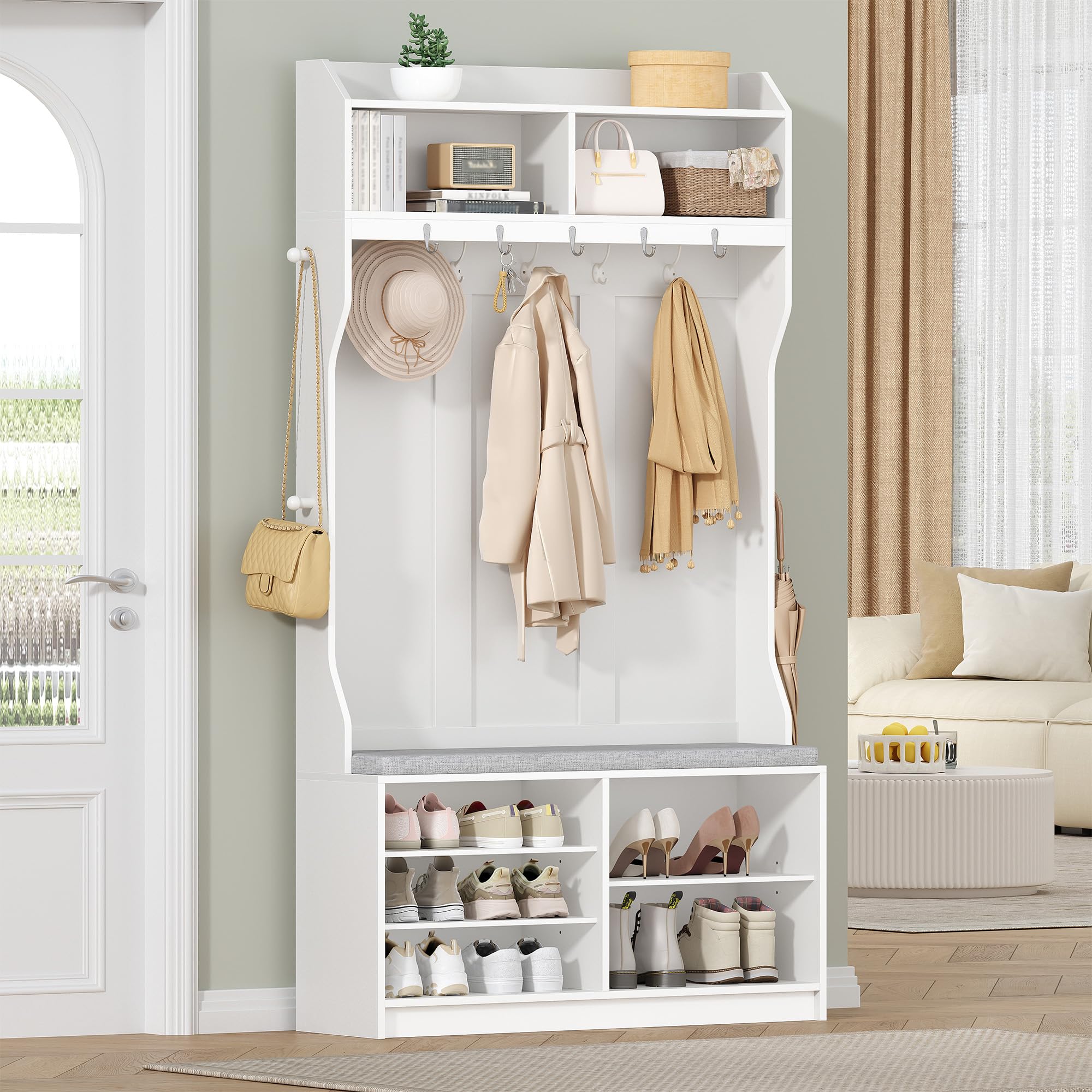 HEXCELEN Garderobenständer mit Schuhbank, Garderobe mit 14 Haken und 7 Offenen Fächer, Verstellbare Regalbretter, für Flure, Eingangsbereiche, Wohnzimmer, 30 x 100 x 183,4 cm, Weiß