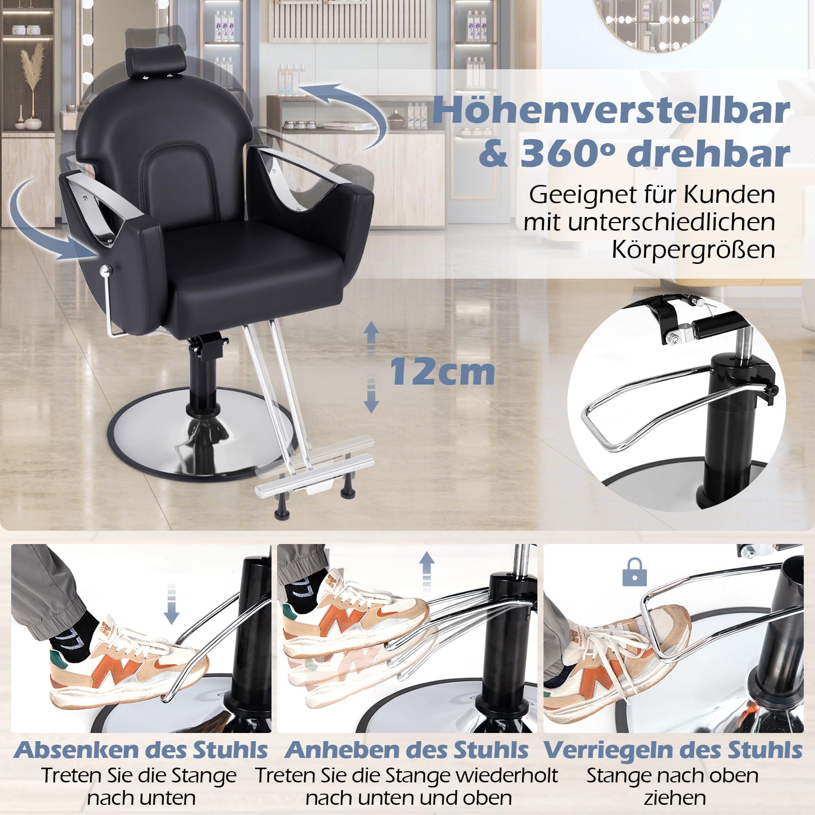 COSTWAY Friseurstuhl höhenverstellbar 360° drehbar mit Kopfstütze & Hydraulikpumpe bis 150kg belastbar schwarz