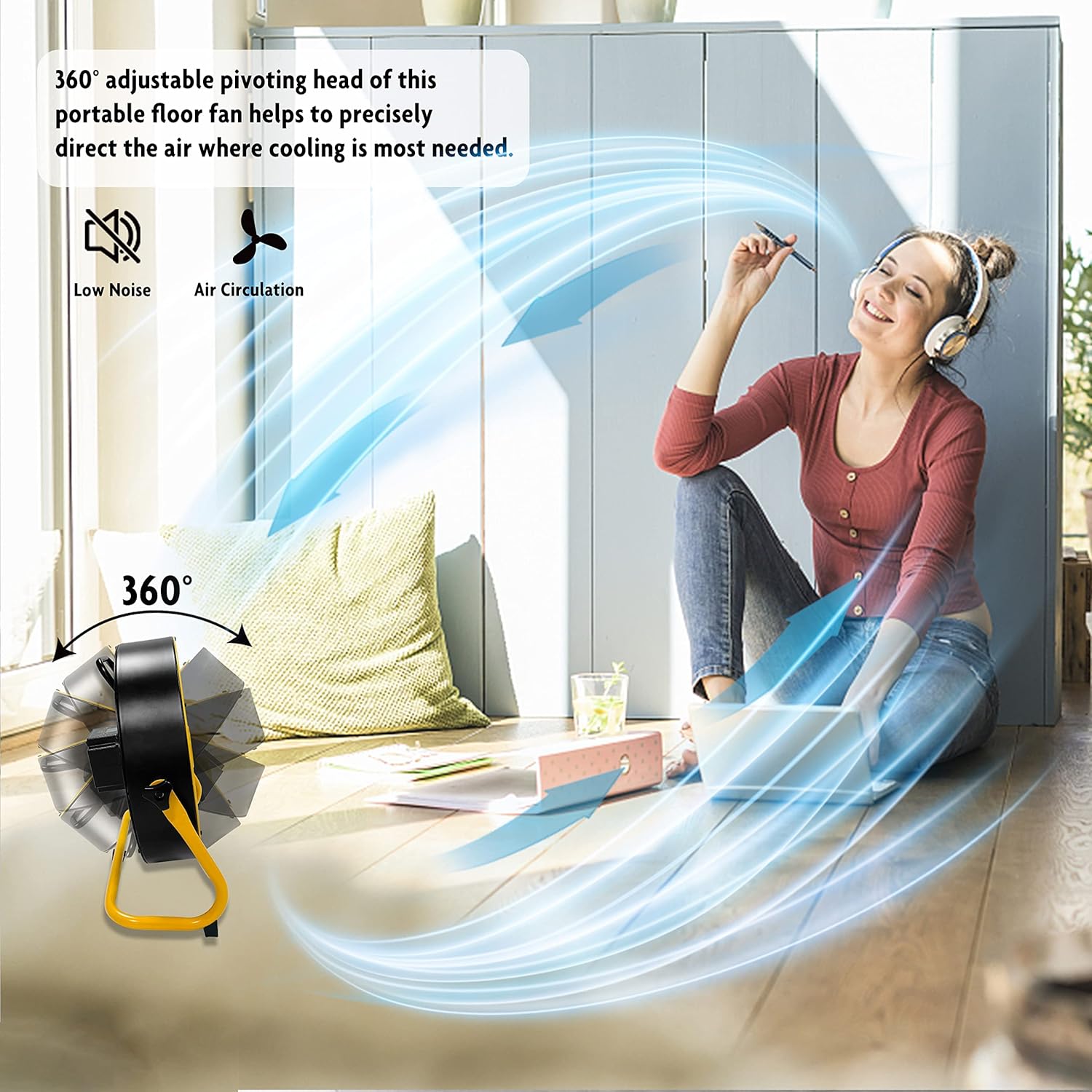 Battery Operated Fan 12-Speed Rechargeable Floor Fan High Velocity Portable Cordless Outdoor Fan, USB Output For Phone, for Camping, Travel, Patio, Indoor, Yellow, 12 Inch - Image 4