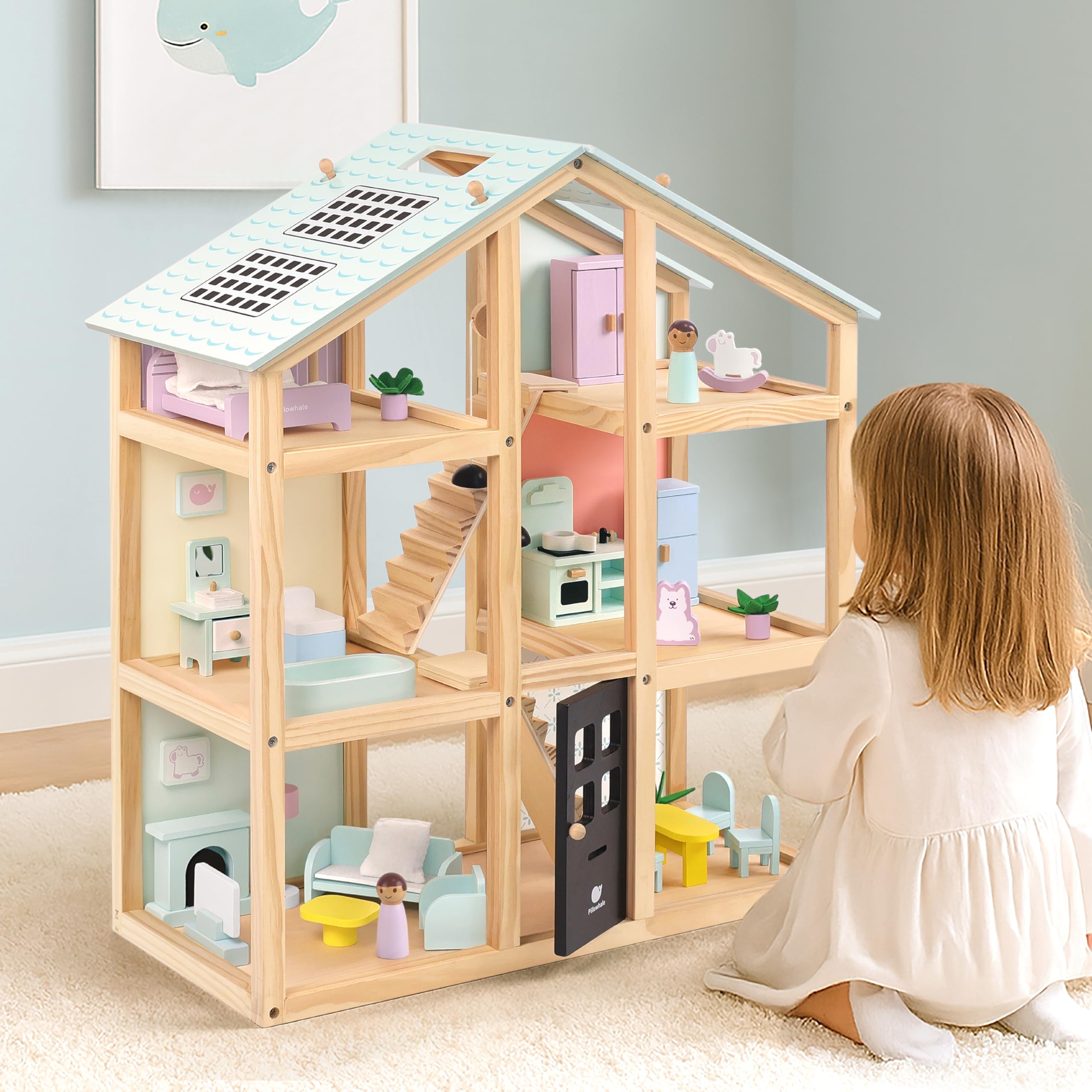 Amazon | Pillowhale 木製ドールハウス 6部屋 ドールハウス 38個の家具