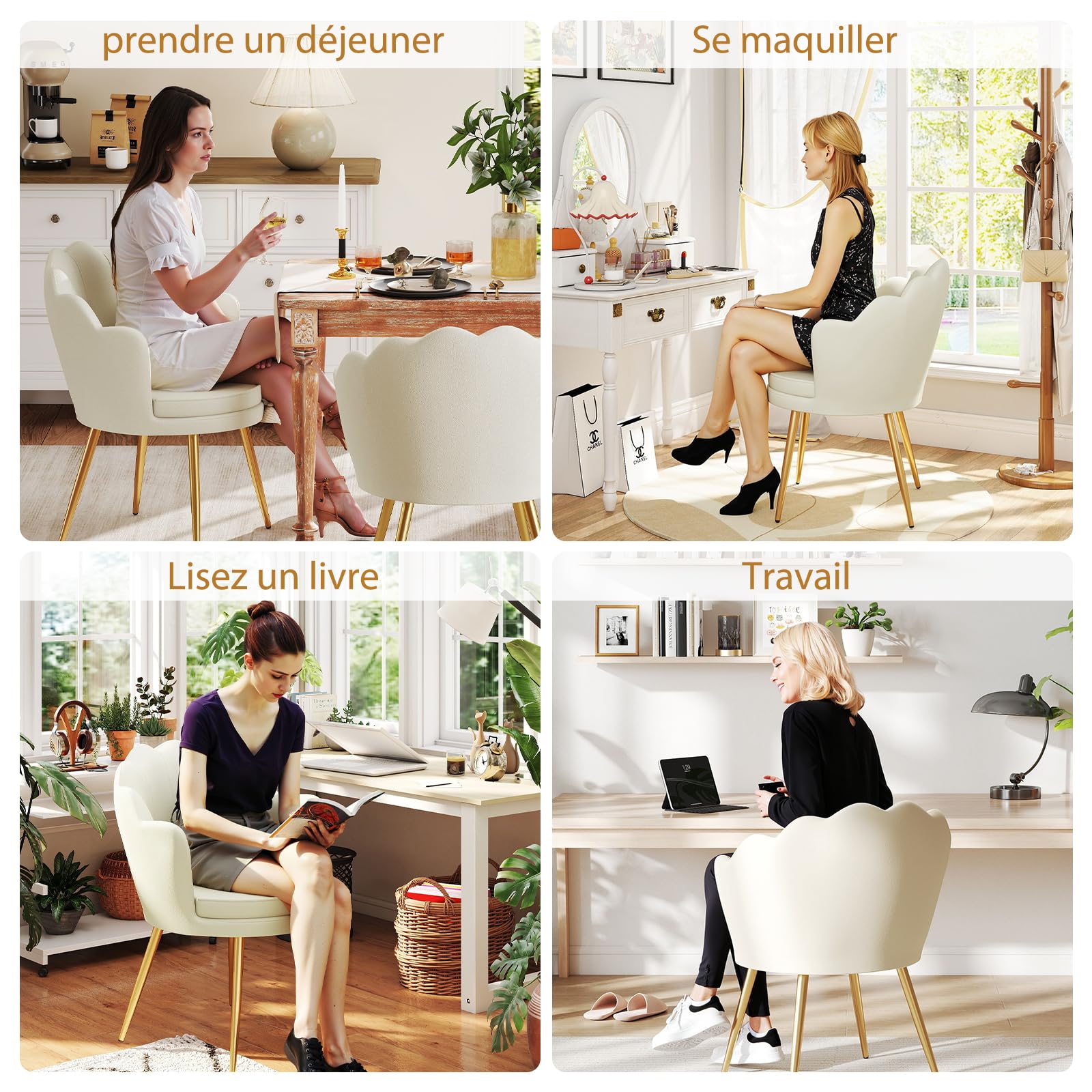 Chaise Coiffeuse, Fauteuil Coquillage en Velours, Fauteuils Salon Fauteuil Coiffeuse Confortable, Chaises Salle à Manger Chaise Rembourrée avec Pied Métal pour Chambre Salon, Beige