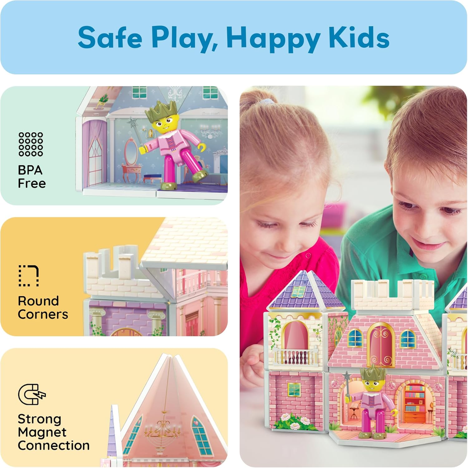 PicassoTiles 60pc Magnetic Tile Princess Castle Building Set with Double Sided Printed Tiles 2 Character Figures STEM Educational Toy Kit for Kids Pretend Play Montessori Learning Ages 3 to 8 PTQ04