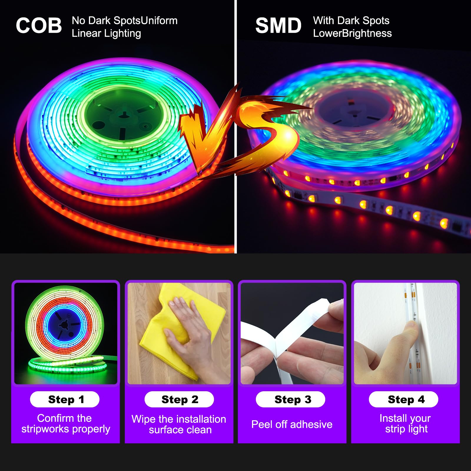 GUPUP Factory Tira de luces LED COB RGB de 16,4 pies, kit de luces de cinta que cambian de color inteligente con control remoto, control de aplicación y modo de música, tira de iluminación flexible pa
