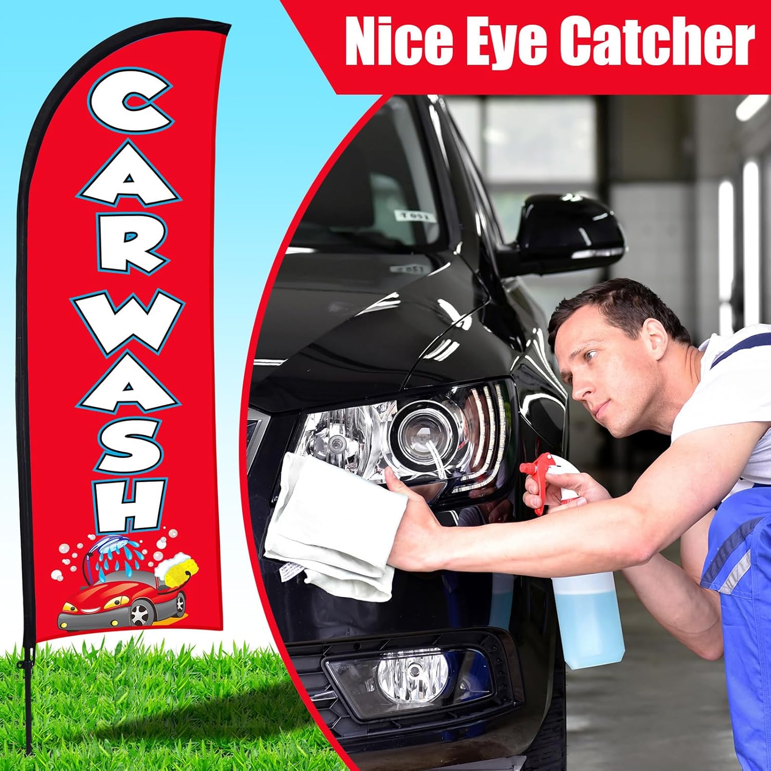 Buryeah 3 Sets Car Wash Sign Feather Flag Banner for Business Advertising 7 ft Open Car Wash Feather Flag Sign with Flagpole Ground Stake Portable Bag Carwash Signs Banner Set for Outdoor Ground(Red)