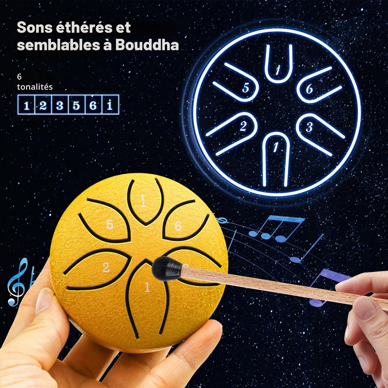 Lot de 2 Mini Tambours à Langue en Acier 6 Tons avec Maillets, Steel Tongue Drum pour Méditation, Yoga, Relaxation, Guérison Sonore et Éveil Musical