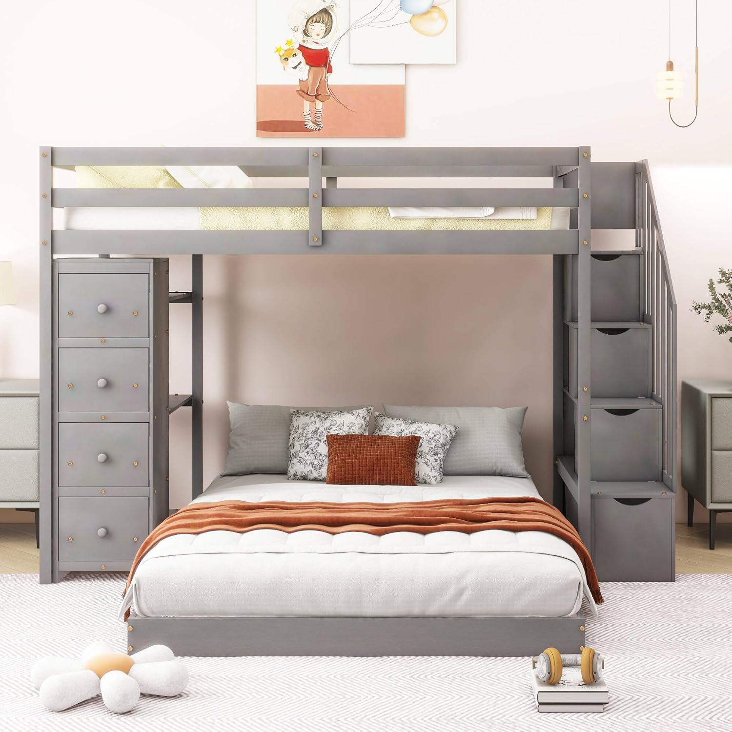 L-Shaped Bunk Bed, Wood Bed Frame with Drawers and Safety Stairs, Twin Over Full (Gray)