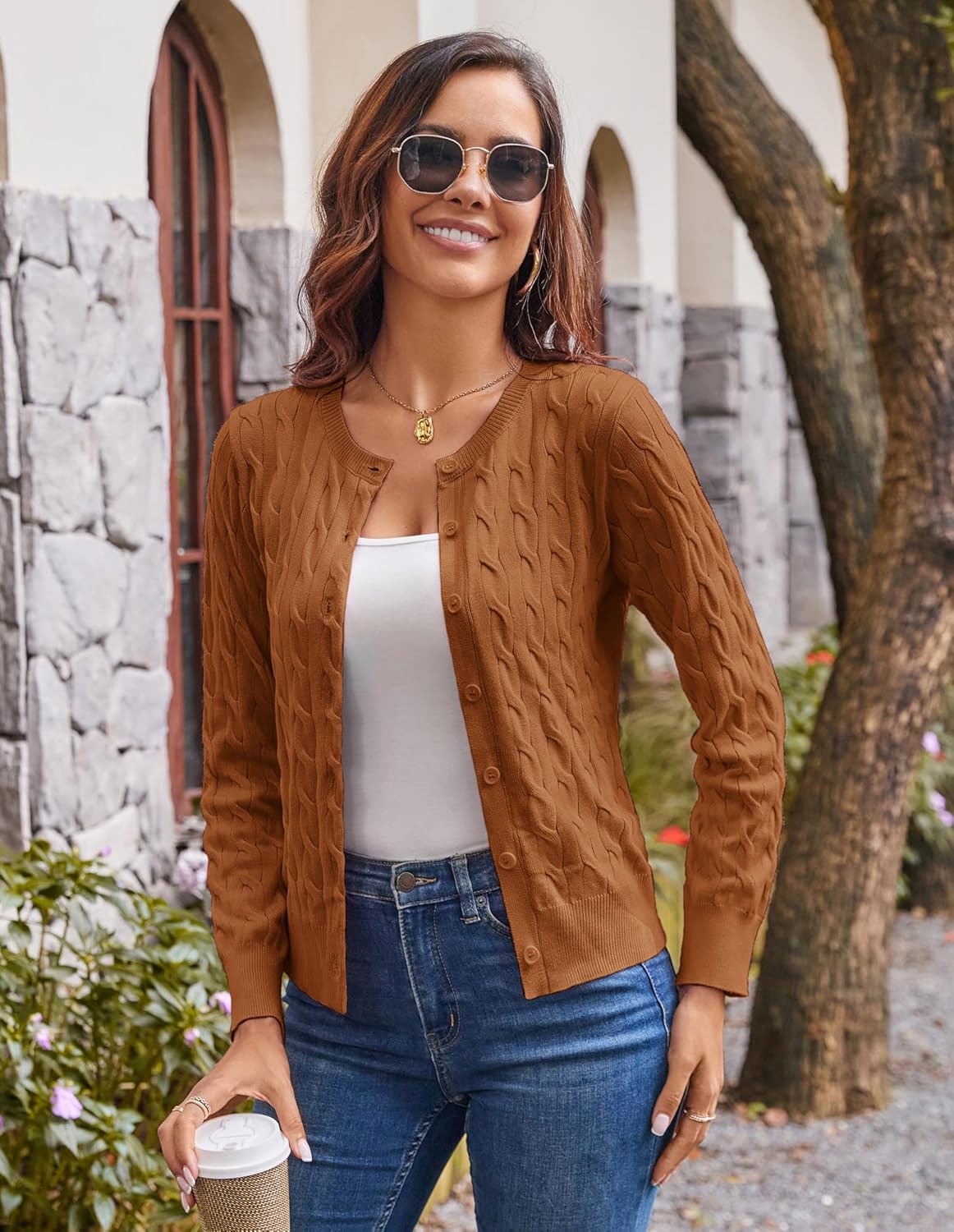 GRACE KARIN Womens Long Sleeve Button Up Cable Knit Cardigan Lightweight 2026 Crewneck Button Down Sweaters for Women - Image 3