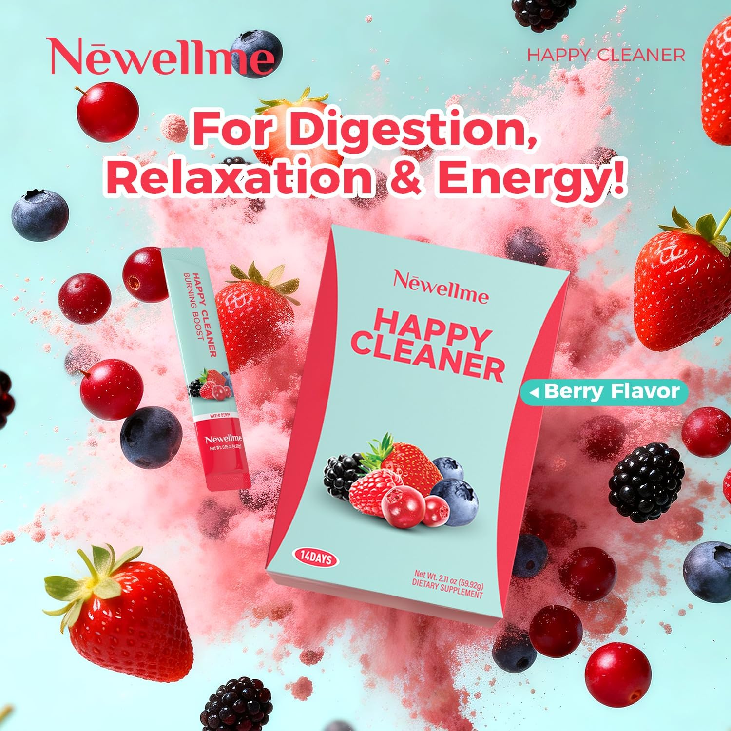 NEWELLME Happy Cleaner Digestive Supplement Powder, Gut Health Drink Mix with Probiotics, Digestive Enzymes & Fiber, Supports Digestion and Bloating, Berry Flavor, 28 Sachets (2 Boxes) - Image 7