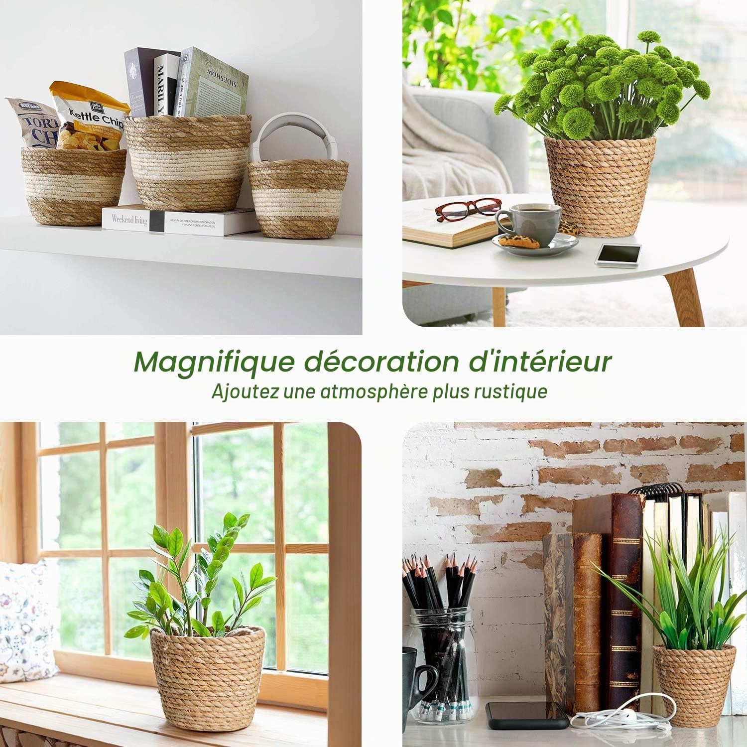 Panier en jonc de mer Paniers à Plantes Panier à Fleurs Pot à Fleurs Panier à Plantes Pots à Plantes Pots à Plantes Panier de Rangement 18cm Lot de 2 pour l'intérieur et l'extérieur