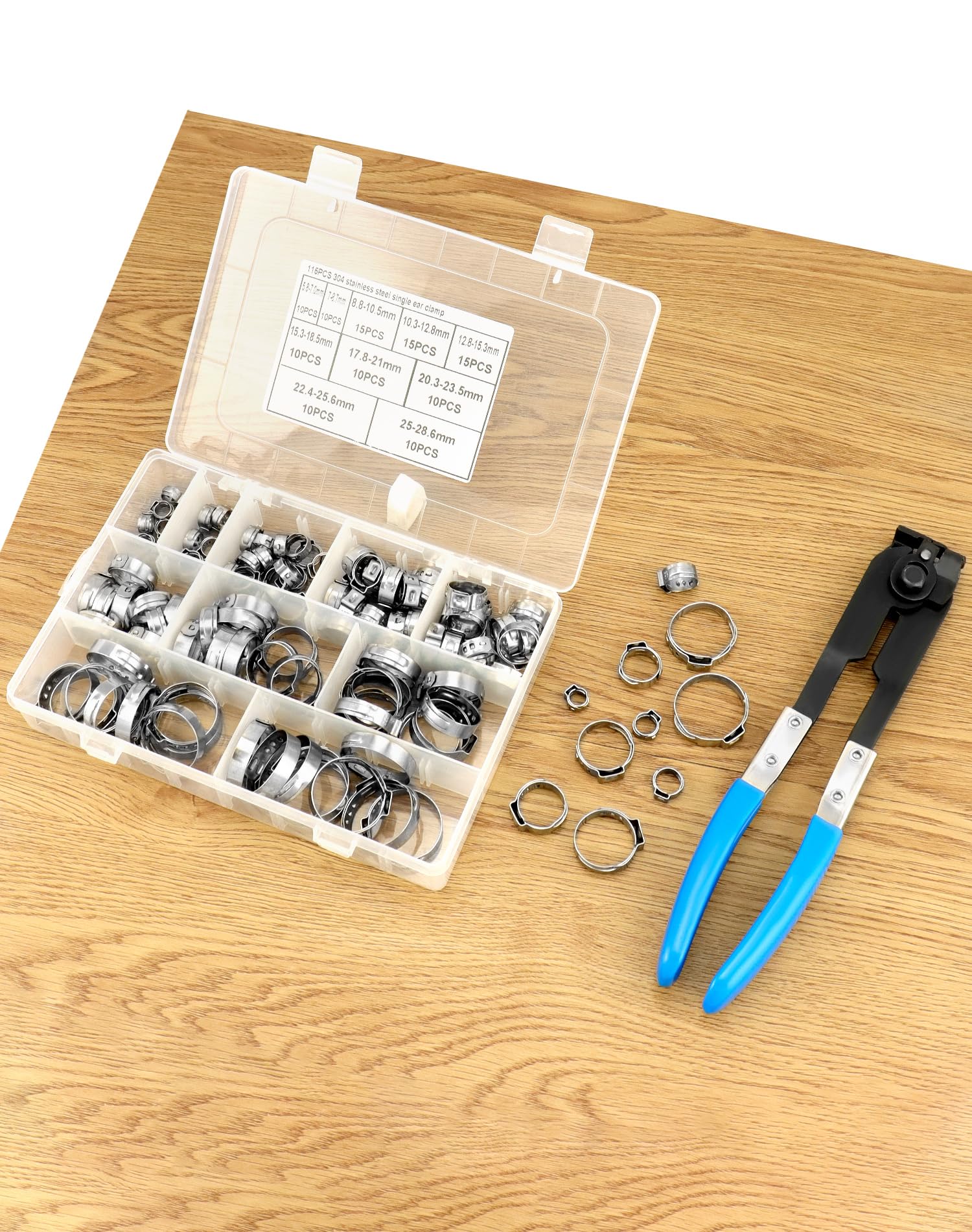 QWORK® colliers de serrage à oreille Unique, avec pinces et 115 pièces de colliers de serrage en acier inoxydable 304, 10 tailles pour automobile, bateau, maison, 6 mm - 28.6 mm
