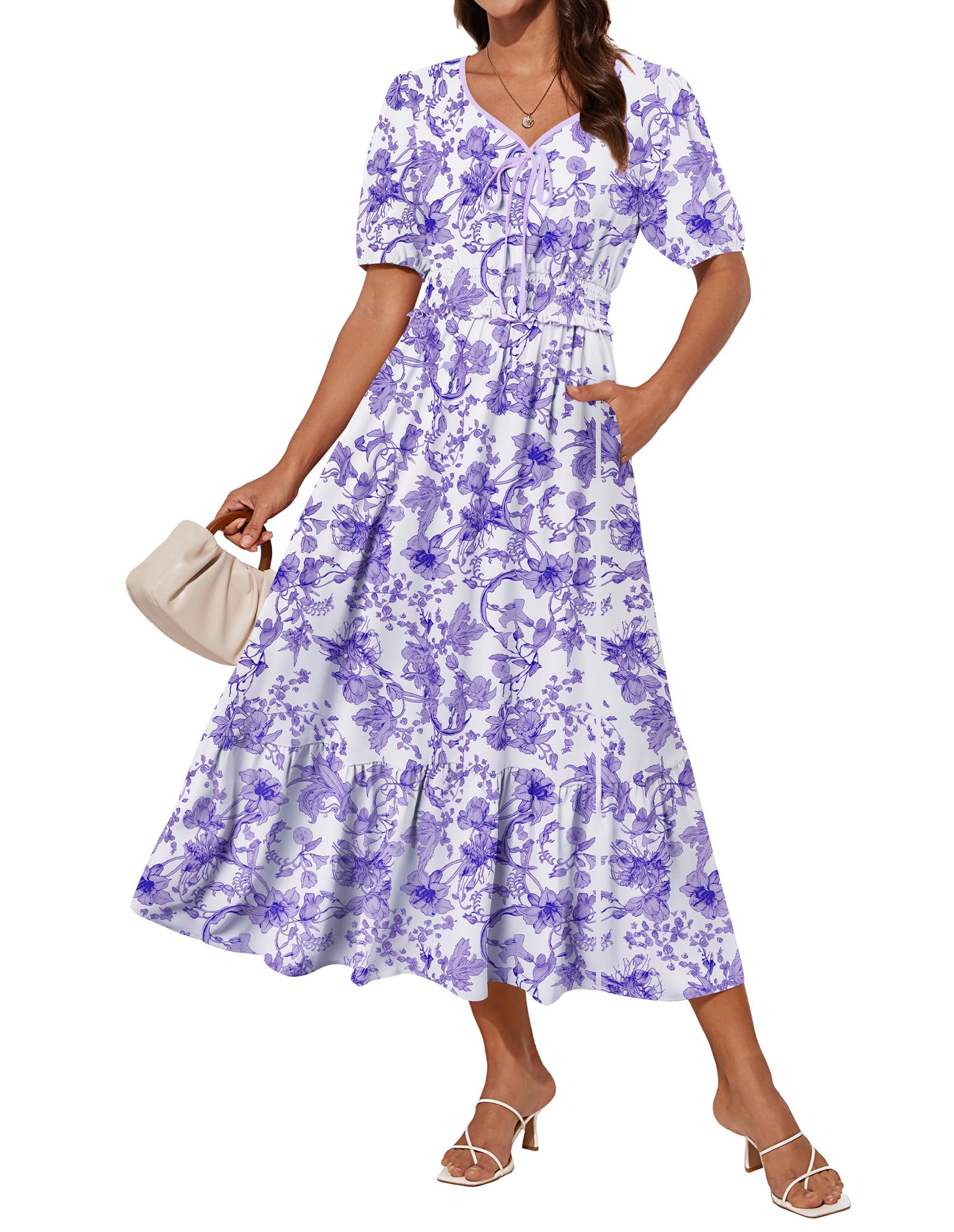 GRACE KARIN 2025 Women's Summer Floral Flowy A Line Midi Dresses Elegant Short Sleeve Smocked V-Neck Tiered Dresses