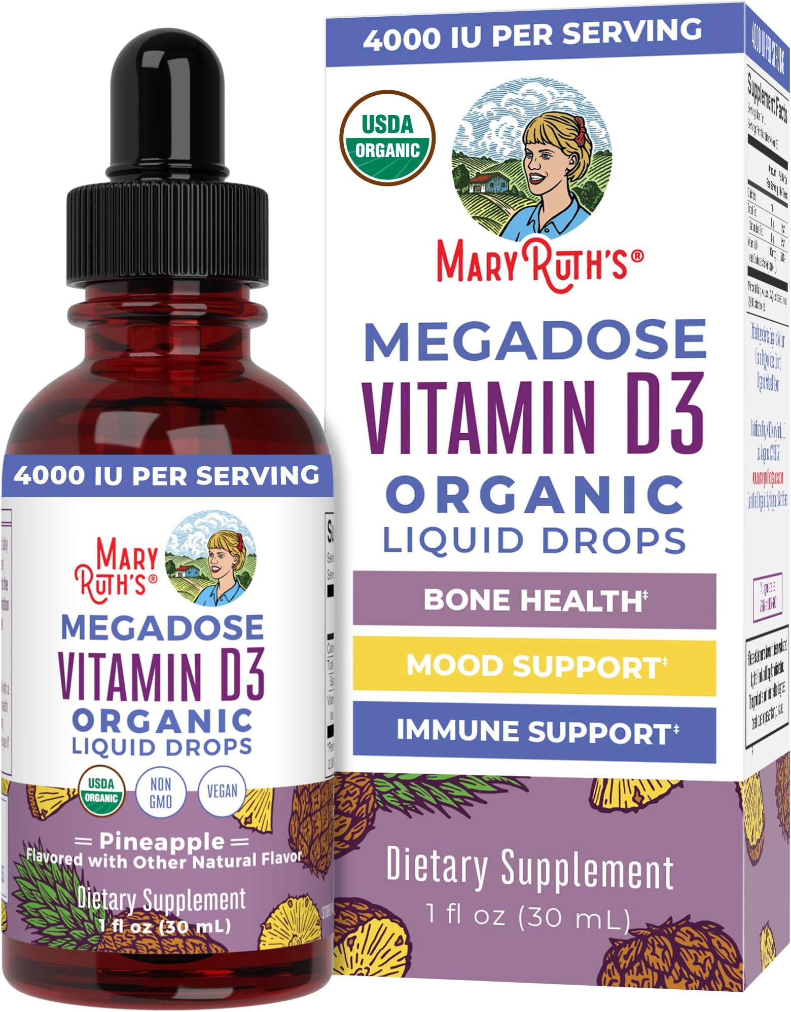 MARYRUTH'S Vitamin D3 Liquid Drops | Megadose 4000 IU | USDA Organic Liquid Vitamin D Spray for Adults & Kids | Immune Support & Bone Health | Vegan | Gluten Free | Non-GMO | 30 Servings
