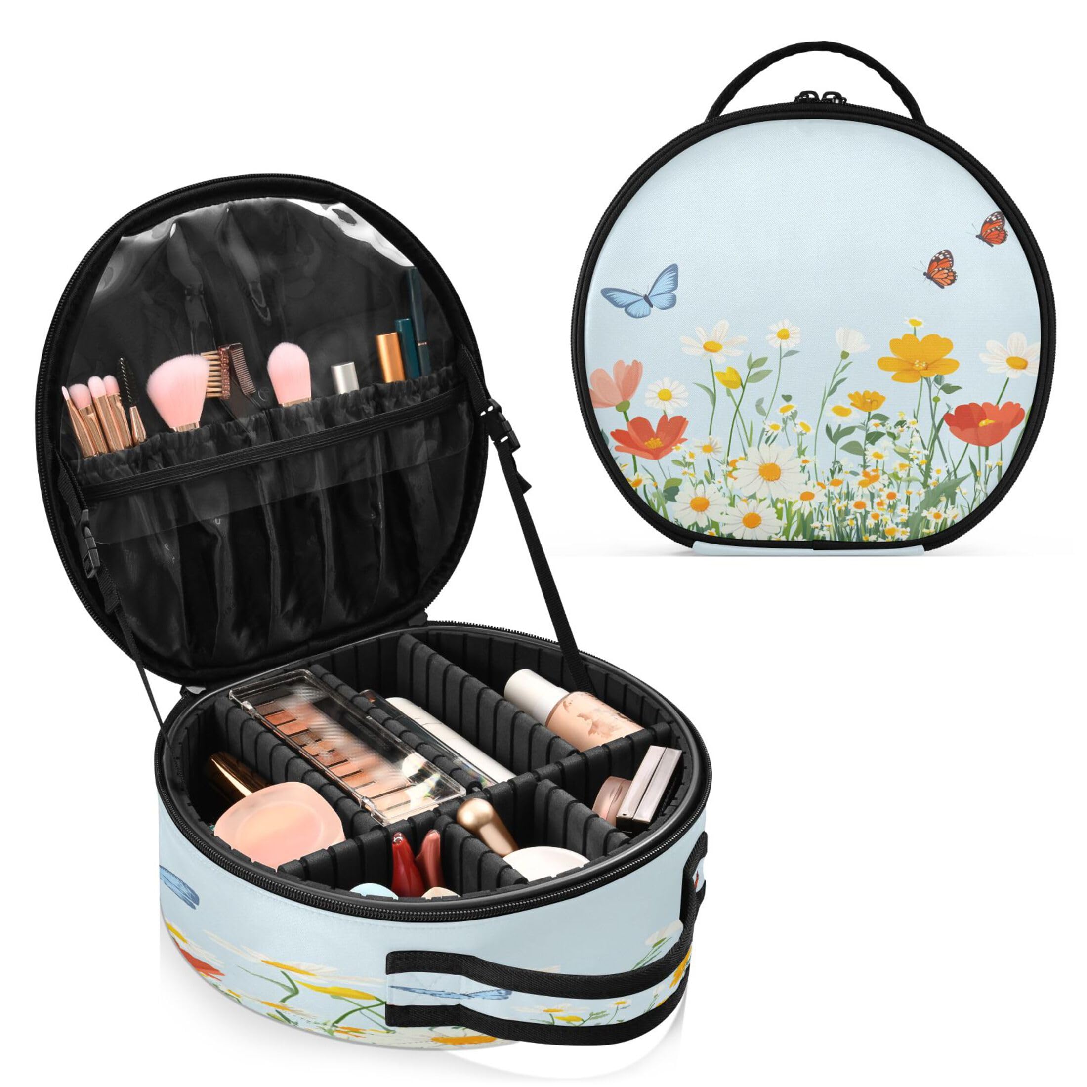 Takiito Colorful Spring Flowers Travel Makeup Case Portable Makeup Box Artist Cosmetic Case Organizer With Adjustable Dividers