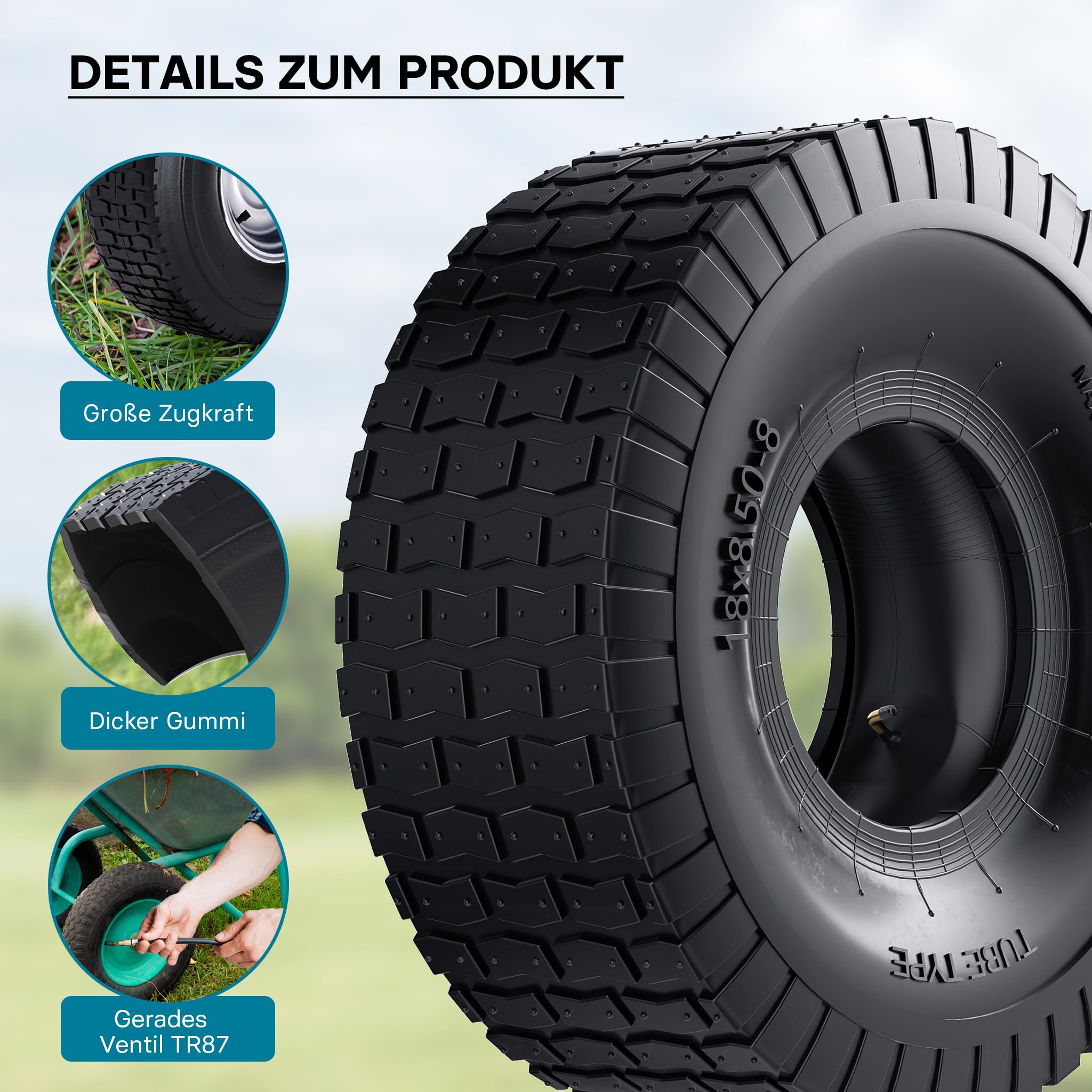 Wiltec Reifen für den Aufsitzmäher 18x8.50-8 4pr mit Schlauch und Winkelventil Komplettrad Rasentraktor