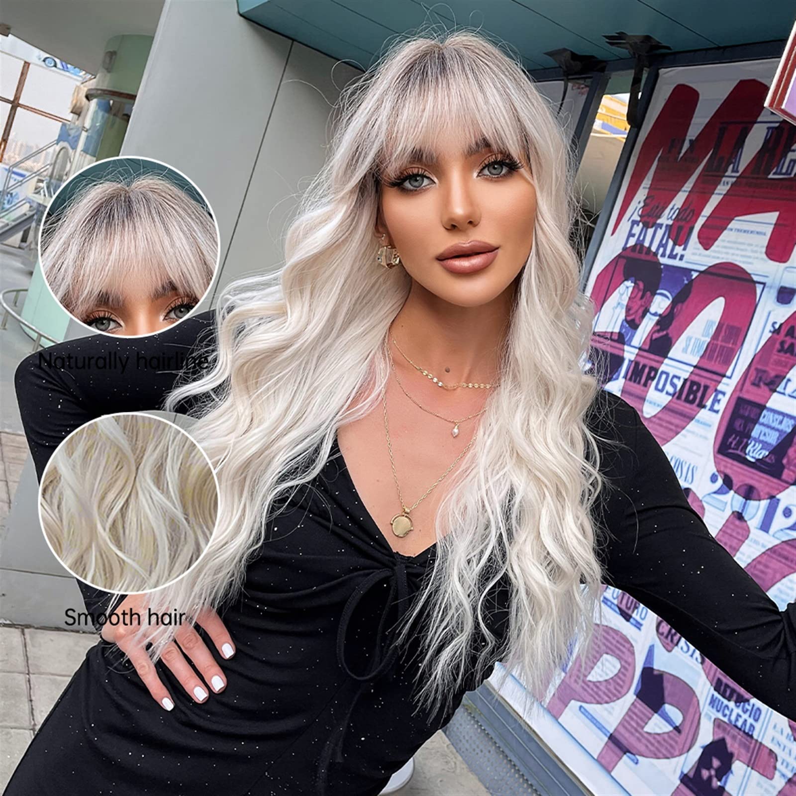Realistyczne peruki 26 "długie platynowe fale peruka syntetyczna dla białych kobiet ombre jasny blond peruki z grzywką naturalne włókna wysokotemperaturowe na codzienny cosplay Fryzura damska
