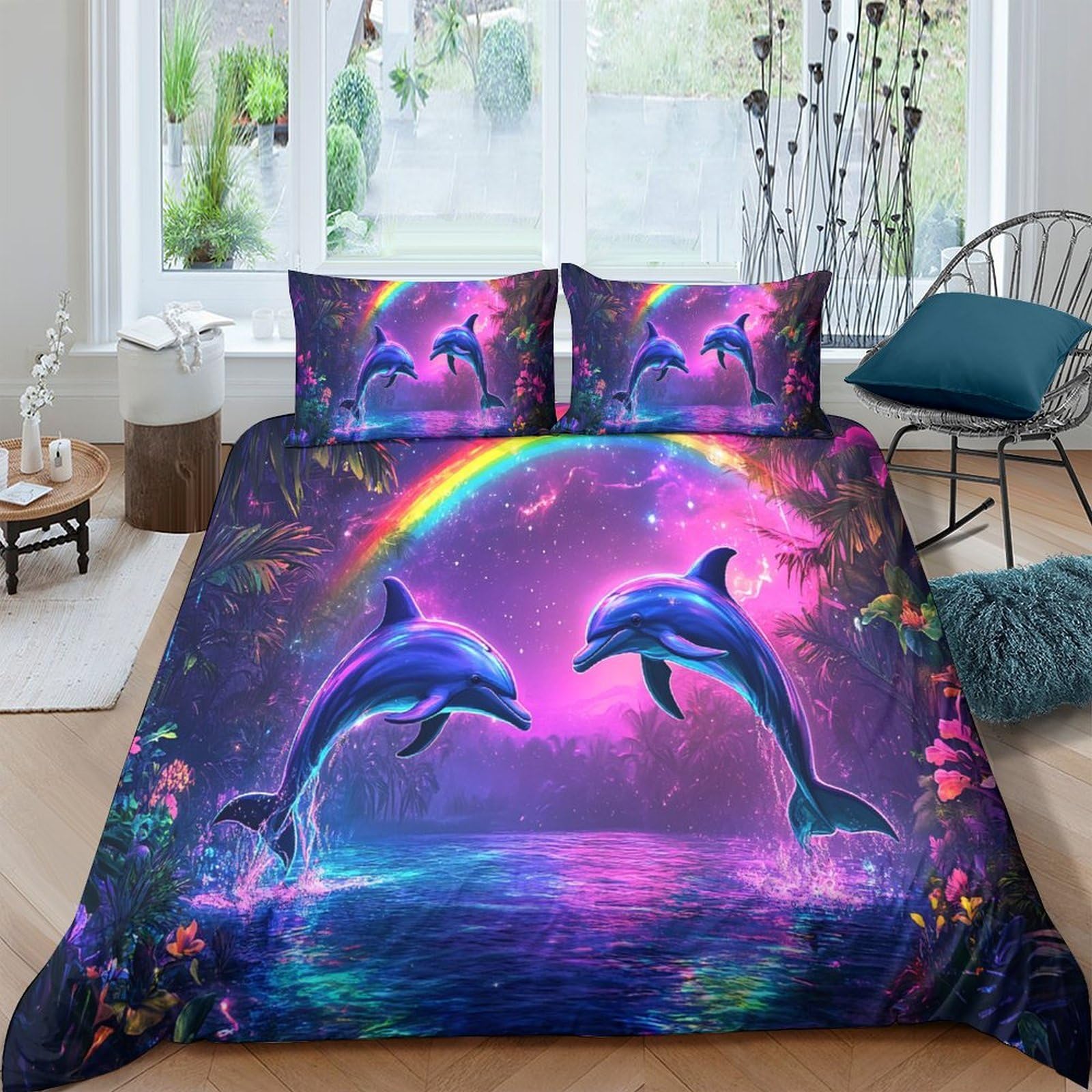Ctjqhvkz Style-3 3D Printed Dolphin Rainbow Fitted Sheet Microfiber Soft Blue Purple Mattress Cover For Bedroom Guest Room Dorm Decor Single（135X200cm）