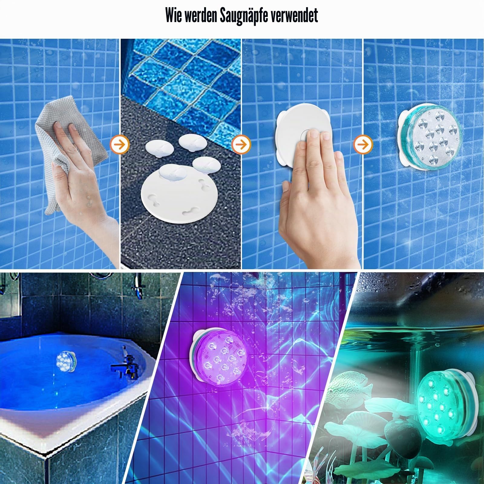 Wiederaufladbare Poolbeleuchtung mit Fernbedienung, Wasserdichte RGB Unterwasserlichter für Schwimmbad, 2 Stück