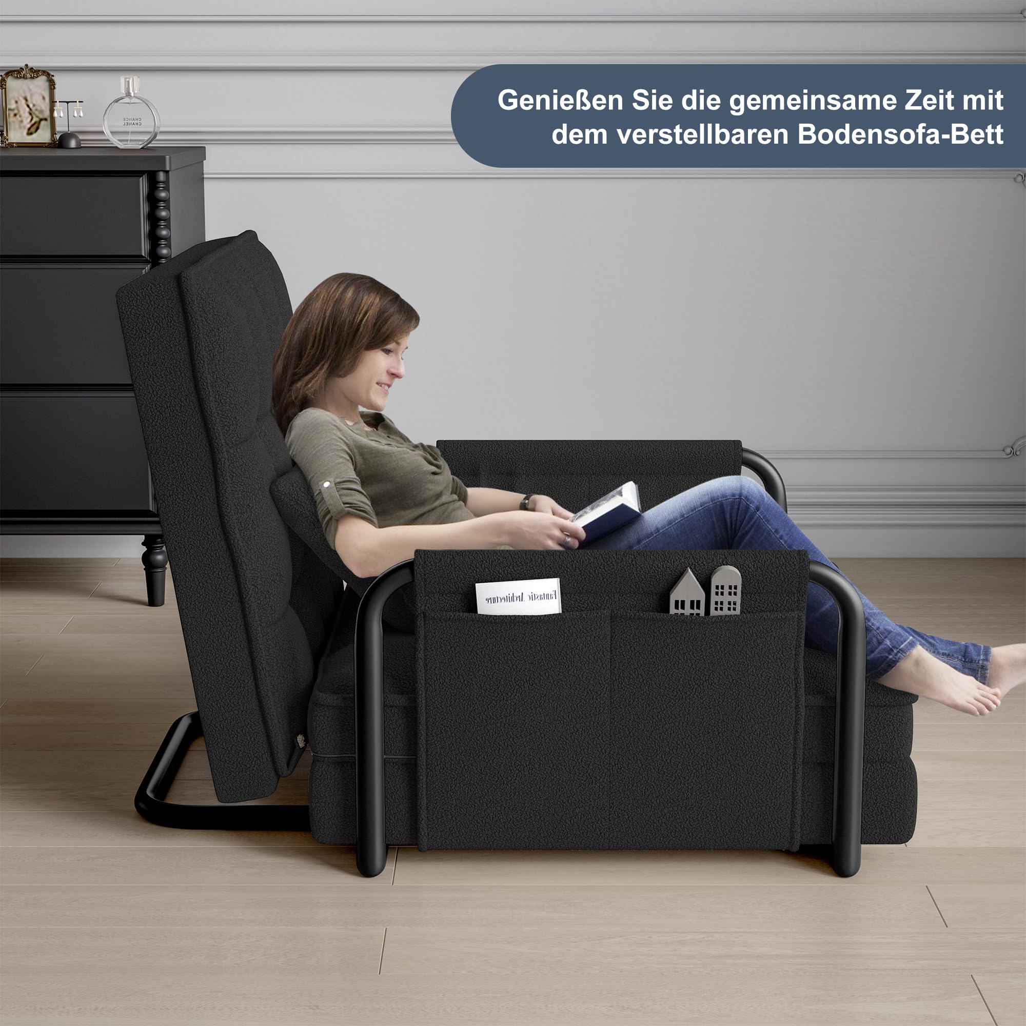 Składana sofa do spania 2 w 1, fotel do spania z poduszką i kieszenią boczną, regulowany fotel składany z funkcją łóżka (czarna tkanina jagnięca, 82 cm x 73 cm/180 cm x 55 cm/15 cm)