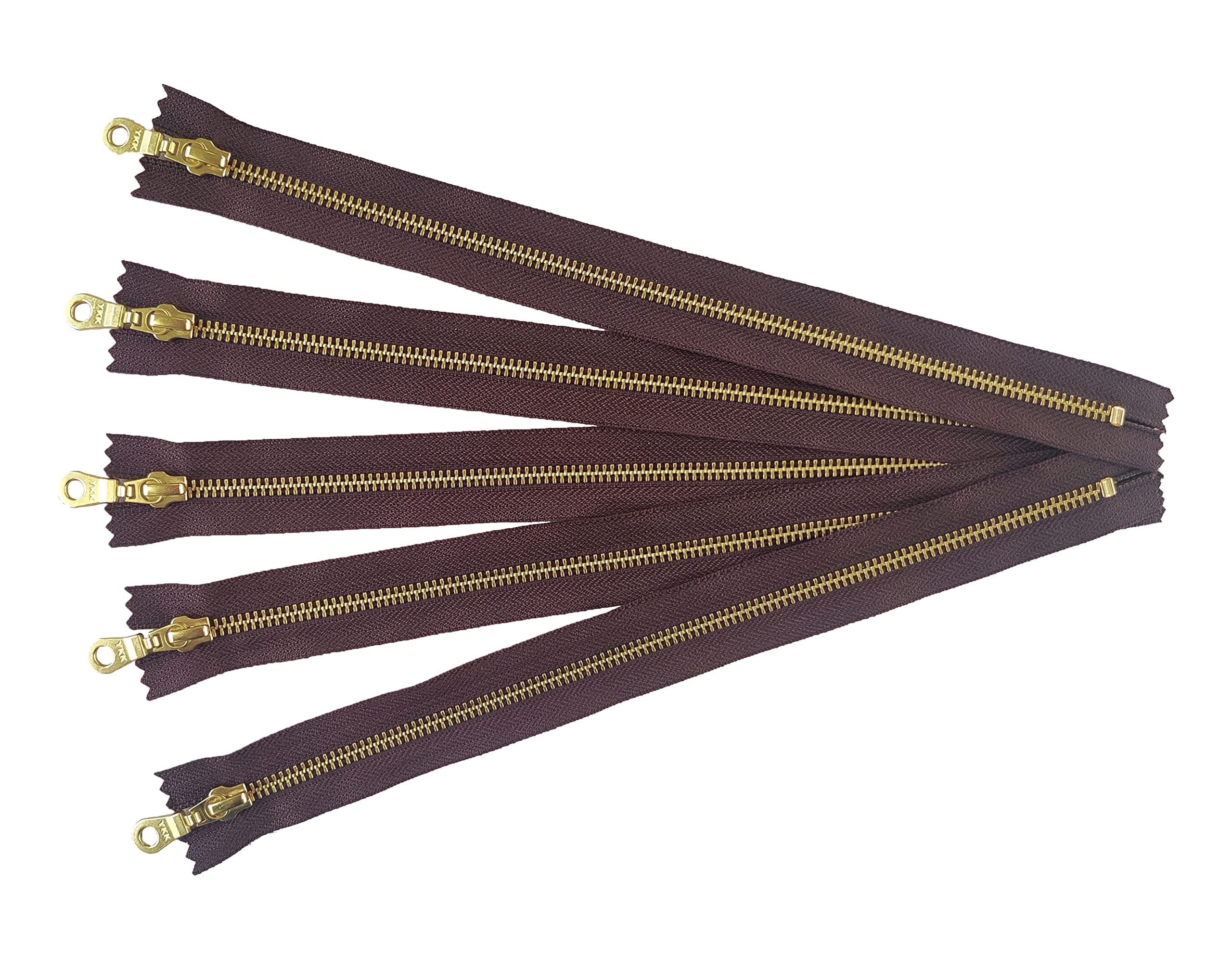 CraftbotYKK Golden Brass Metal Zippers in Dark Brown with Donut Pull - #5 Closed-end Zippers - 14 Inch - Set of 5 Pieces