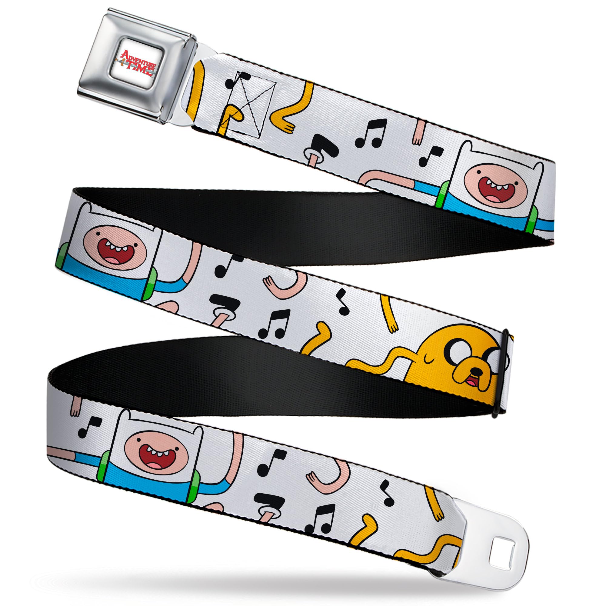 Adventure Time Belt, Seatbelt Buckle Belt, Adventure Time Finn and Jake Dancing and Music Notes White, Youth 20 to 36 Inches