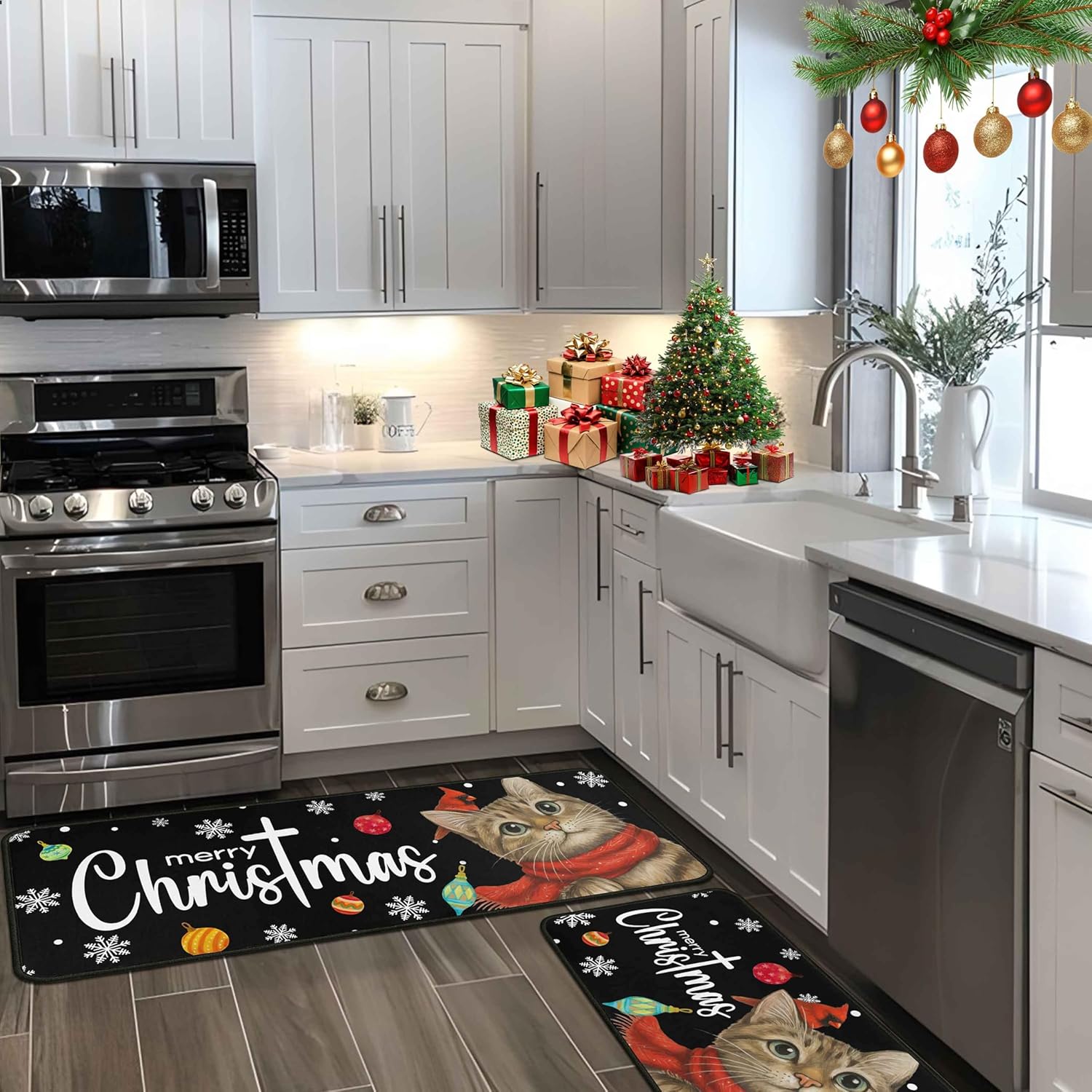 Blob Bigomi Christmas Decorations for Home Cat Merry Christmas Kitchen Rugs Set of 2, Merry Xmas Rug Winter Mat Xmas Decor, Non-Slip Backing Low-Profile Kitchen Floor Mats (Black, 17"x47"+17"x30")