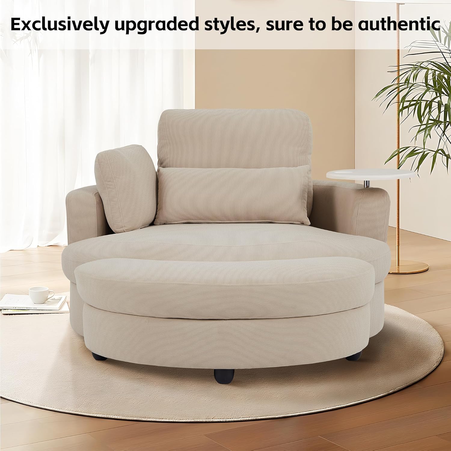 Swivel 51" Accent Barrel Chair with Storage Ottoman,Tray,Solid Color Corduroy Fabric Round Oversize Leisure Chair for Living Room,Hotel,Club Lounge(Cream Color)