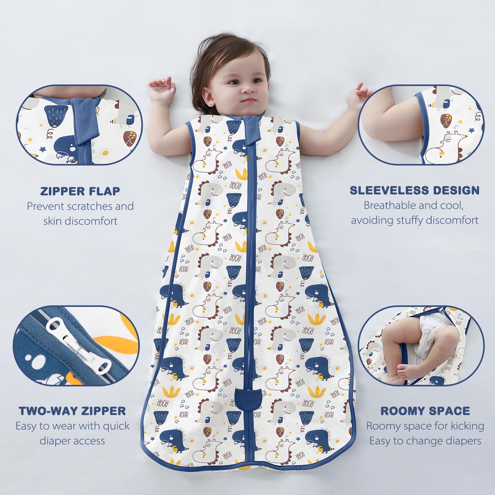 MIKAFEN 2pc Baby Sleeping Bag Spring and Summer 0.5Tog,Cotton Sleeveless Baby Sleep Sack/Baby Swaddle,Dinosaur&DarkBlue 0-6months - Image 4